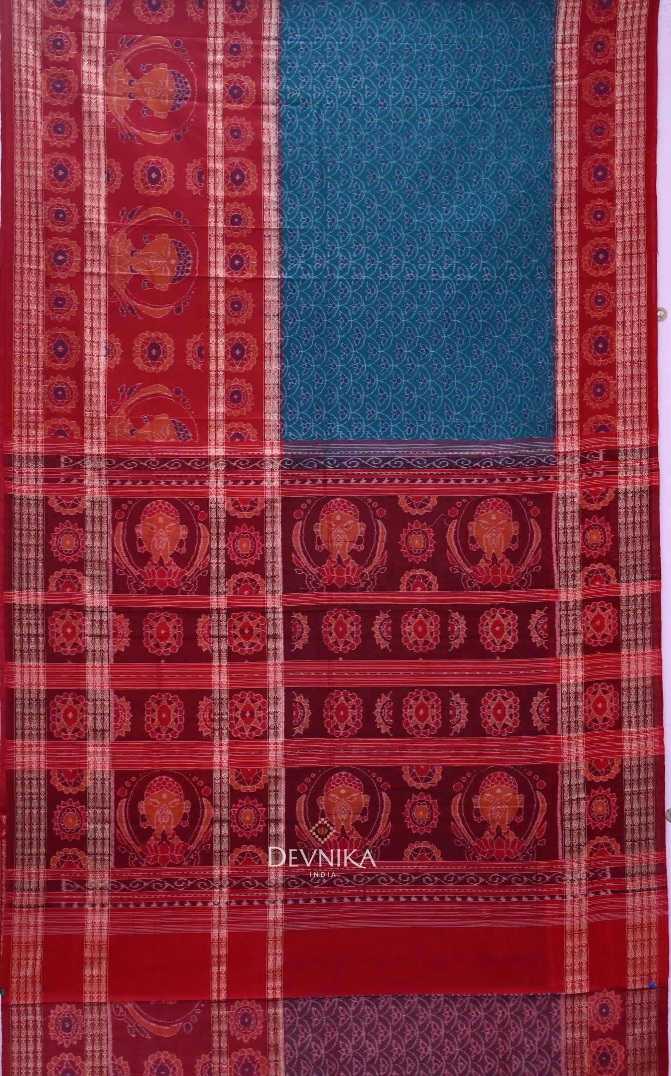 Teal Green Namaskar Bandha Handloom Cotton Saree | Odisha Handloom | Devnika