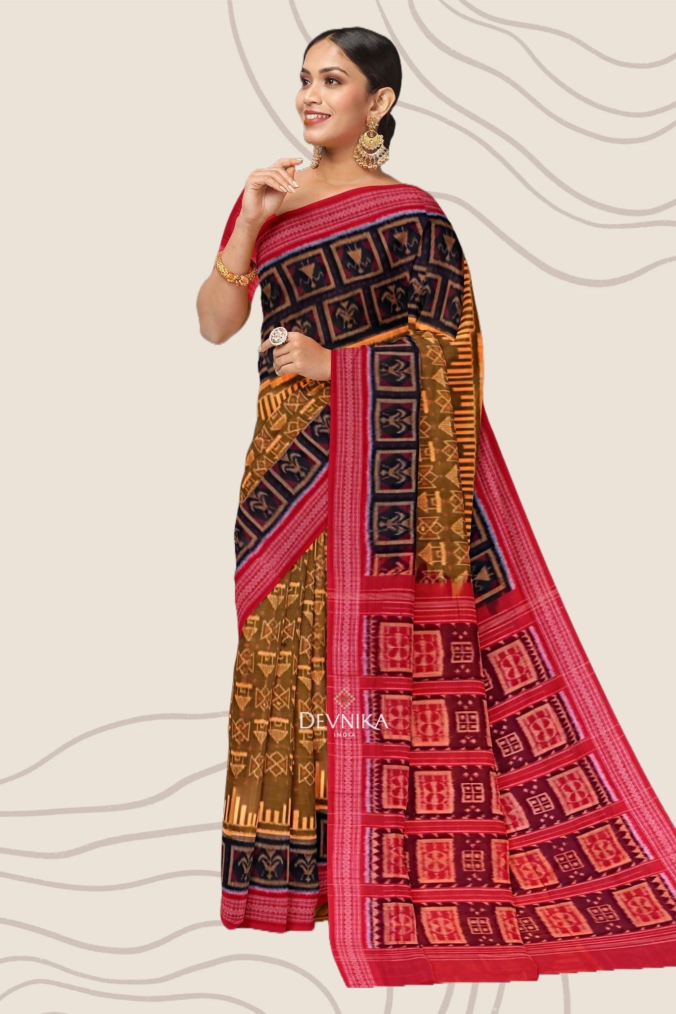 Golden Brown Big Border Bandha Handloom Cotton Saree | Odisha Handloom | Devnika