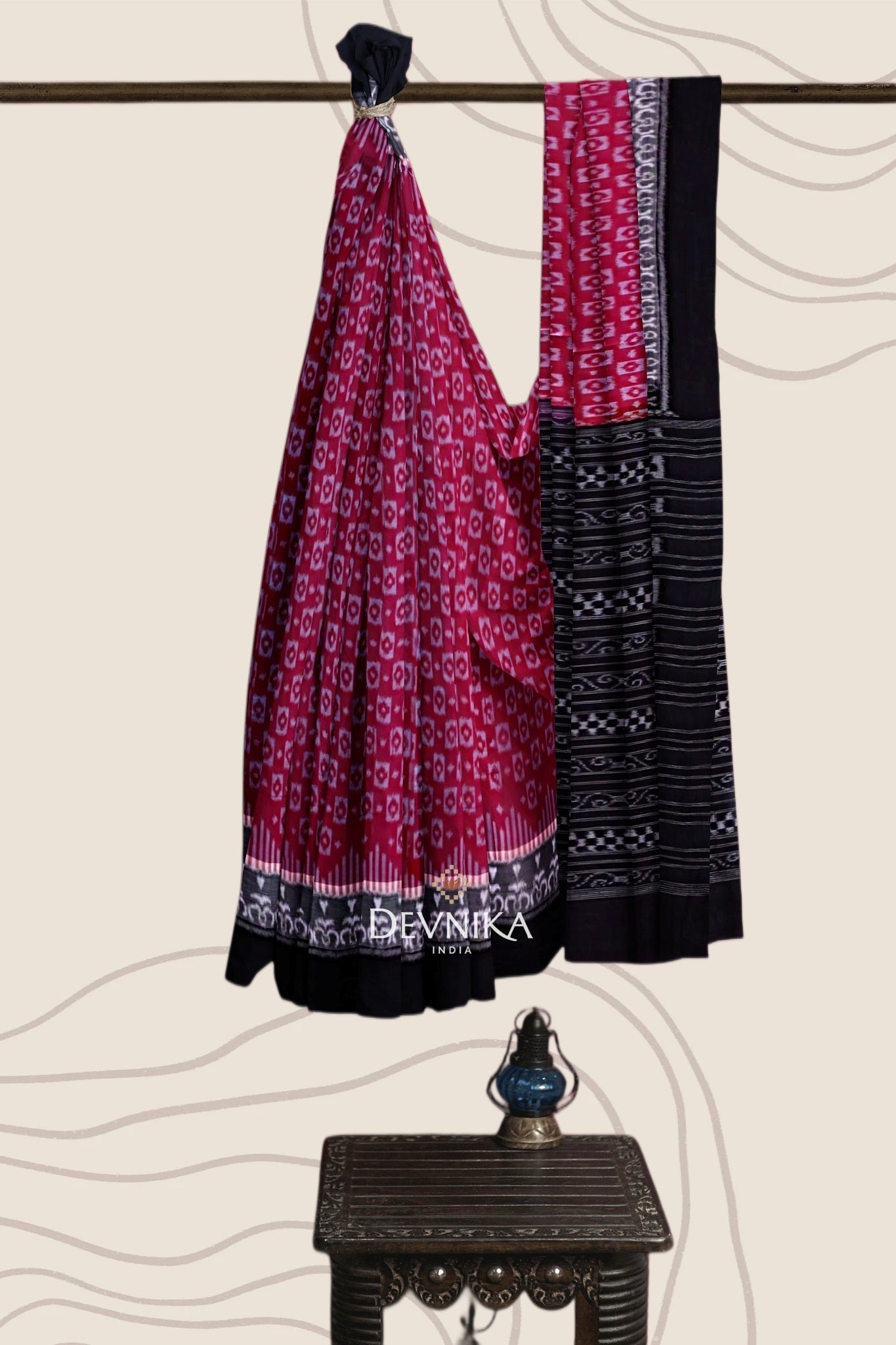 White And Burgundy Double Border Bandha Handloom Cotton Saree | Odisha Handloom | Devnika