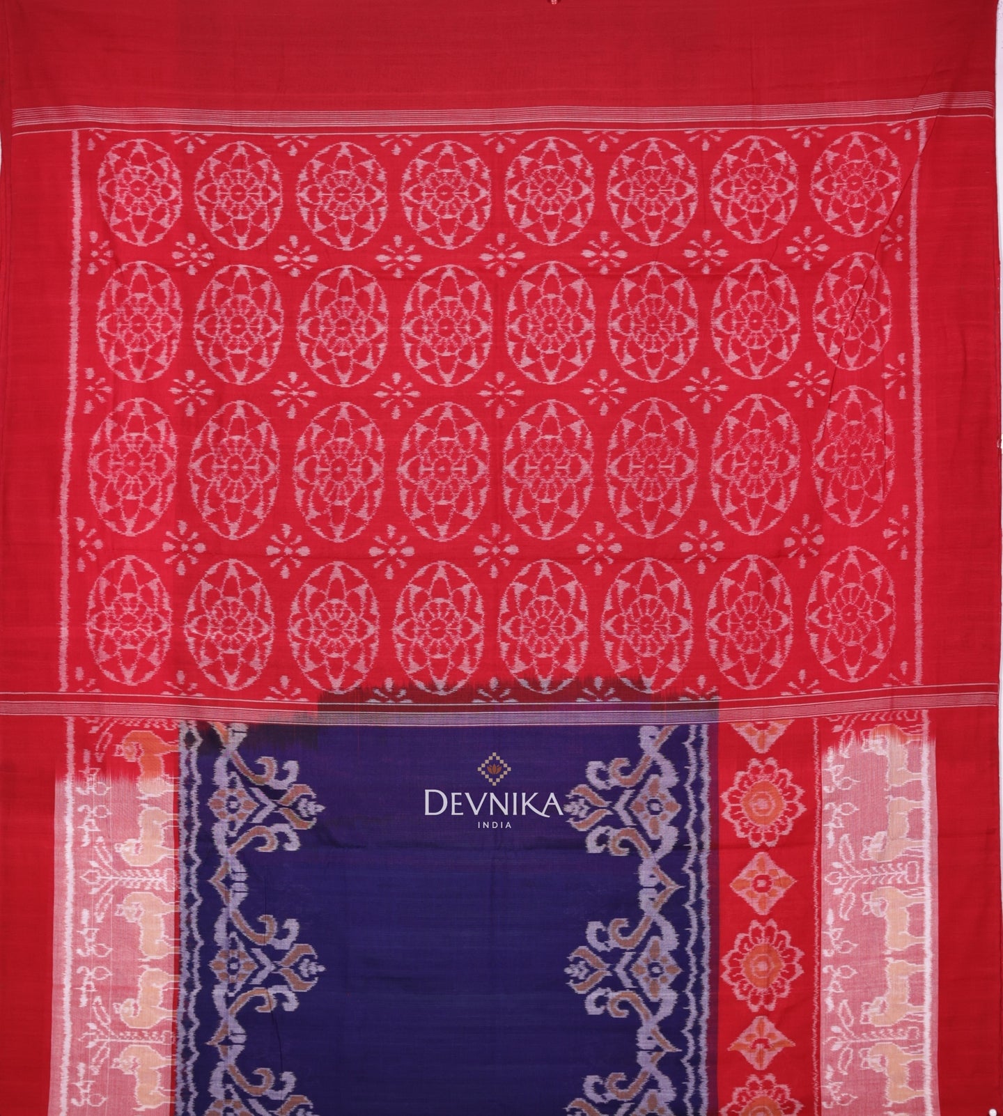 Navy Blue Double Border Bandha Handloom Cotton Saree | Odisha Handloom | Devnika