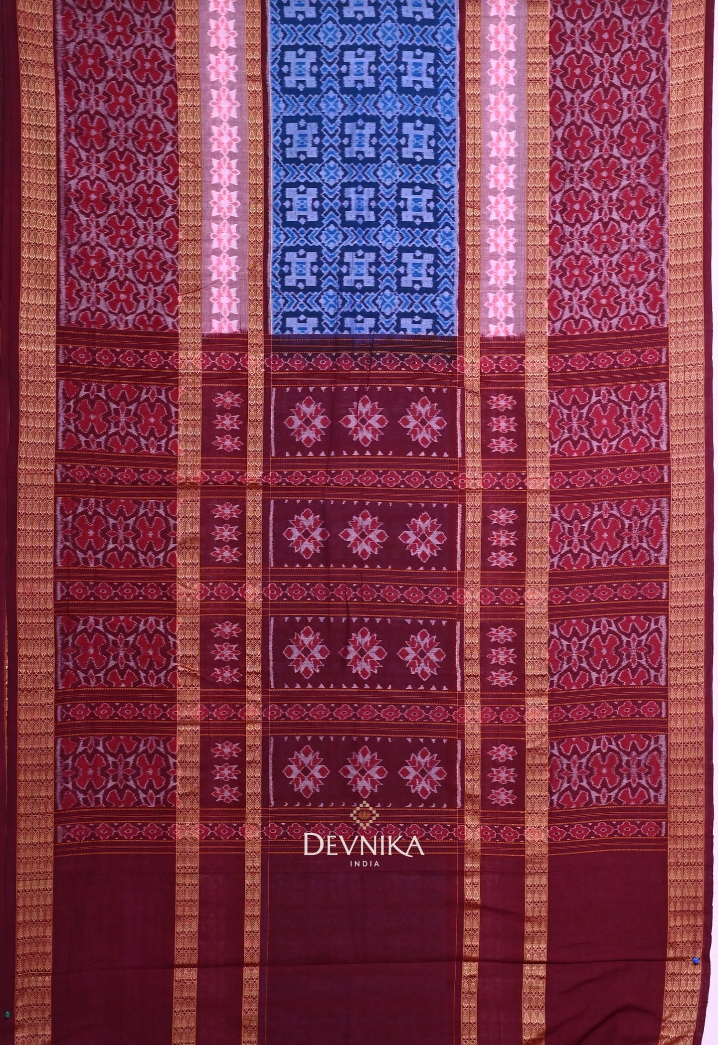 Blue Double Border Bandha Handloom Cotton Saree | Odisha Handloom | Devnika