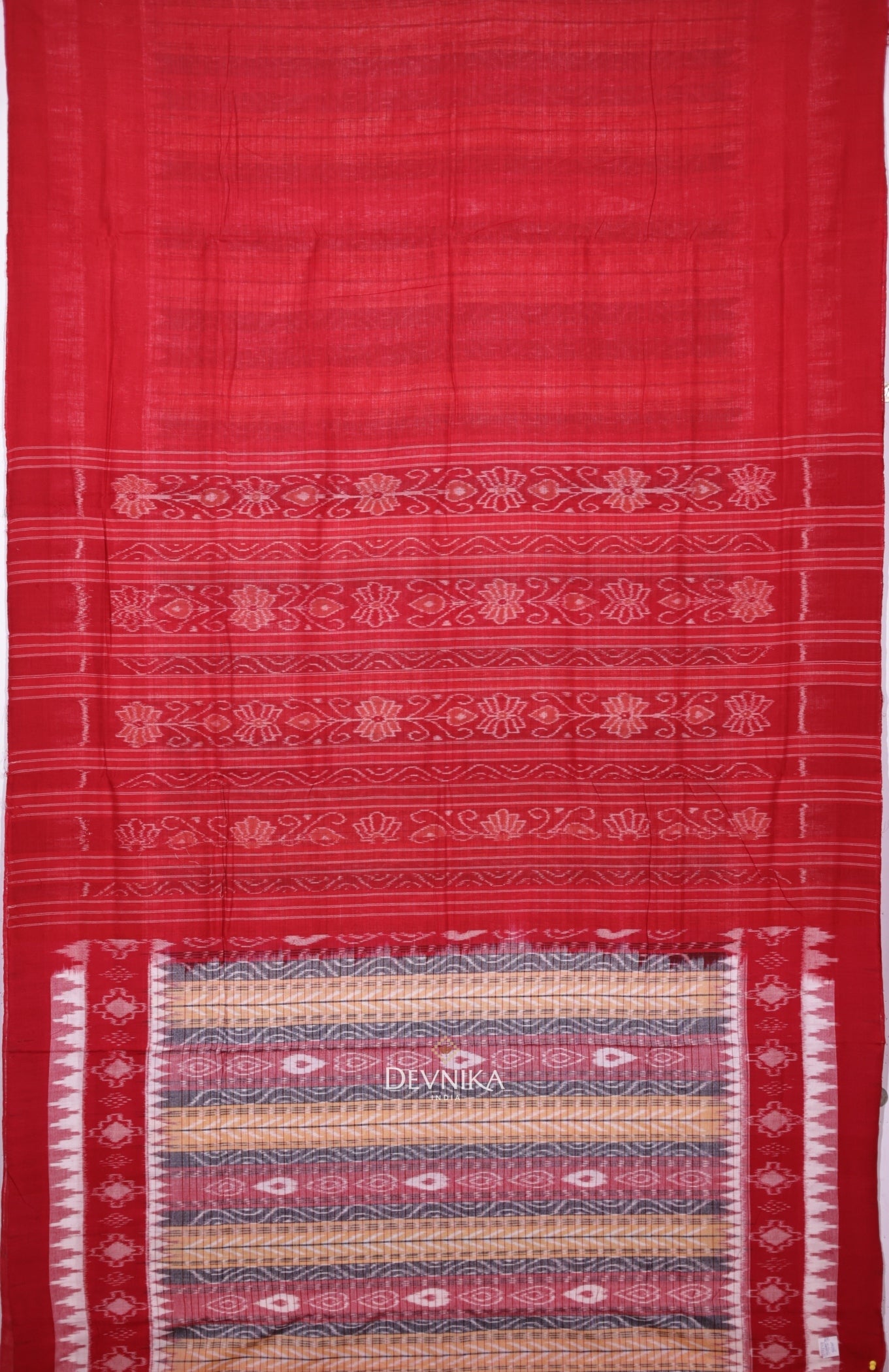 Yellow Red And Black Body Bandha Handloom Cotton Saree | Odisha Handloom | Devnika