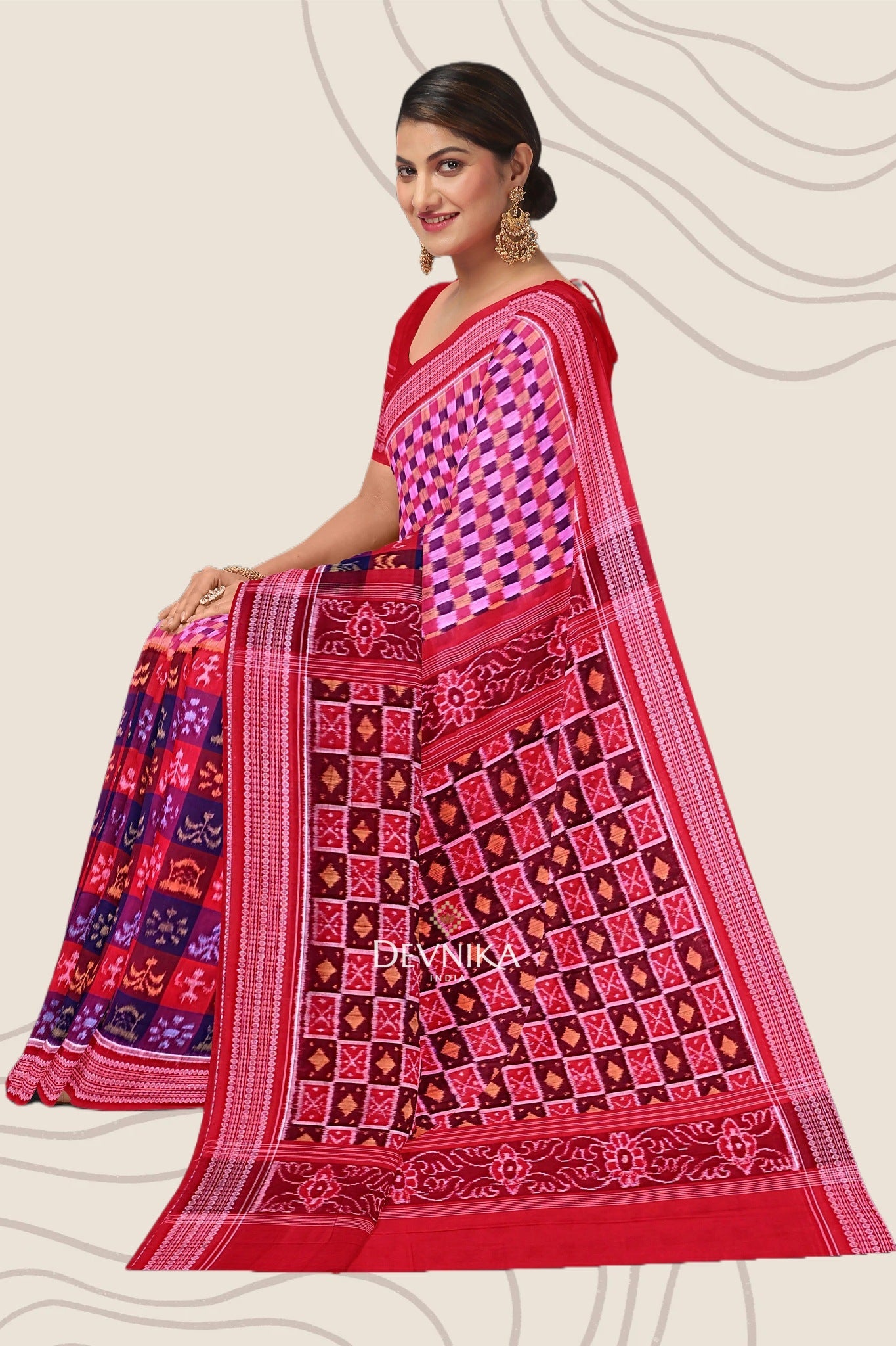Blue Magenta Teracota Bandha Handloom Cotton Saree | Odisha Handloom | Devnika