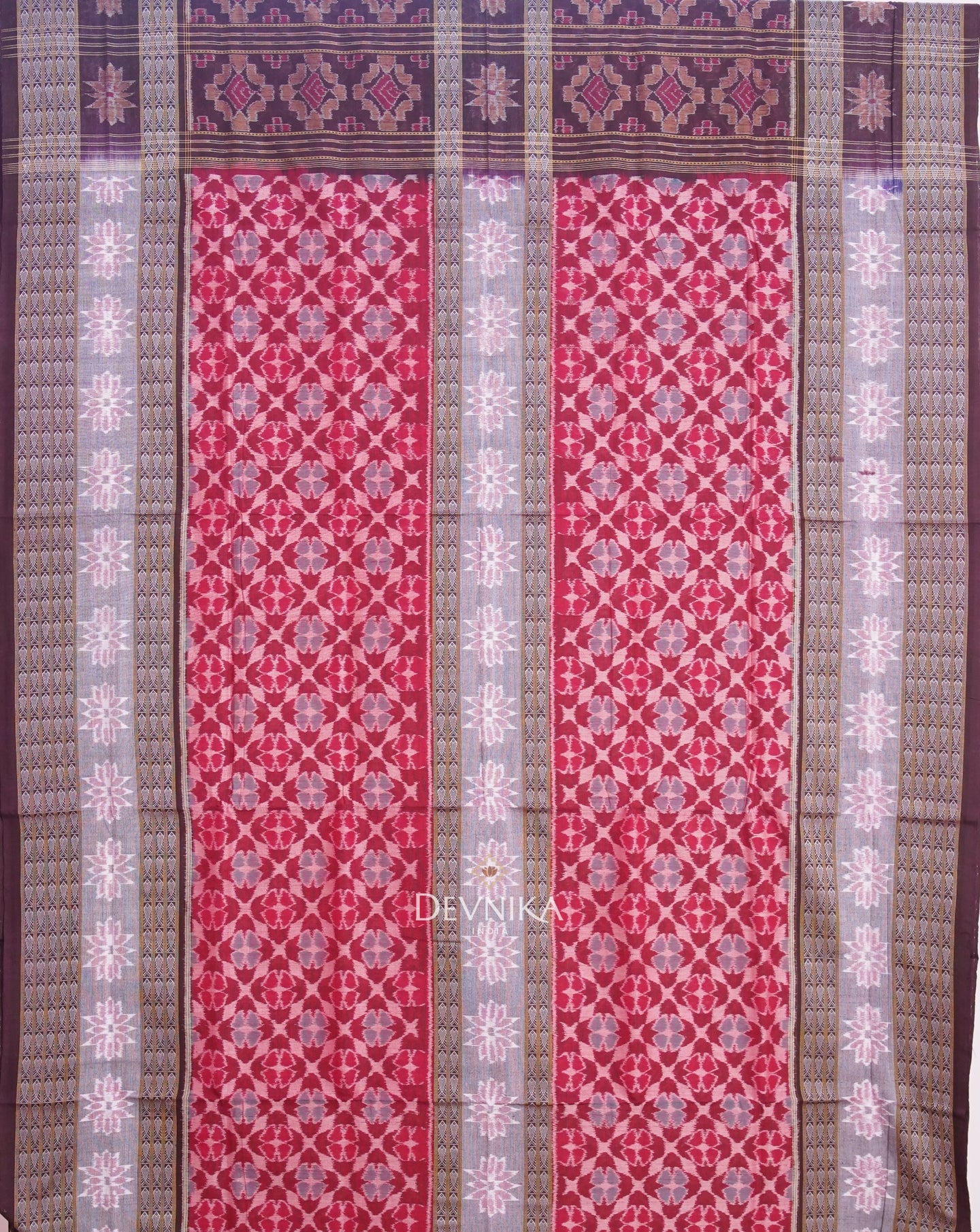 Red, Green And Maroon Double Border Bandha Handloom Cotton Saree | Odisha Handloom | Devnika