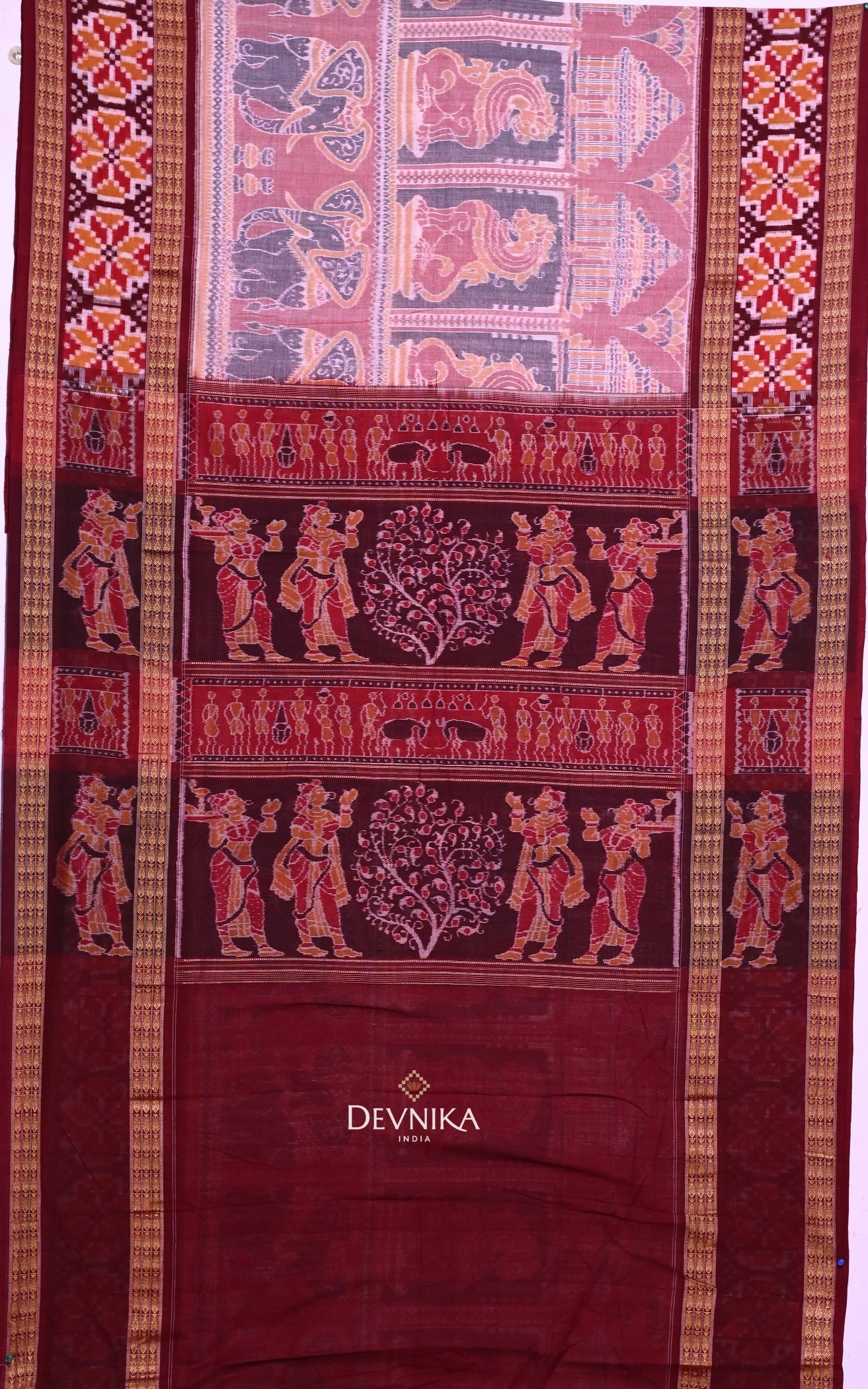 Light Red Konark Bandha Handloom Cotton Saree | Odisha Handloom | Devnika