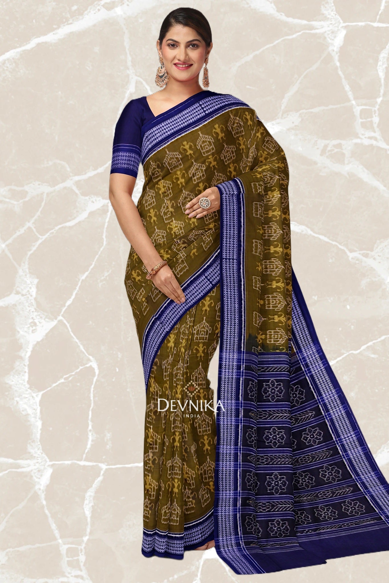 Olive Teracota Bandha Handloom Cotton Saree | Odisha Handloom | Devnika