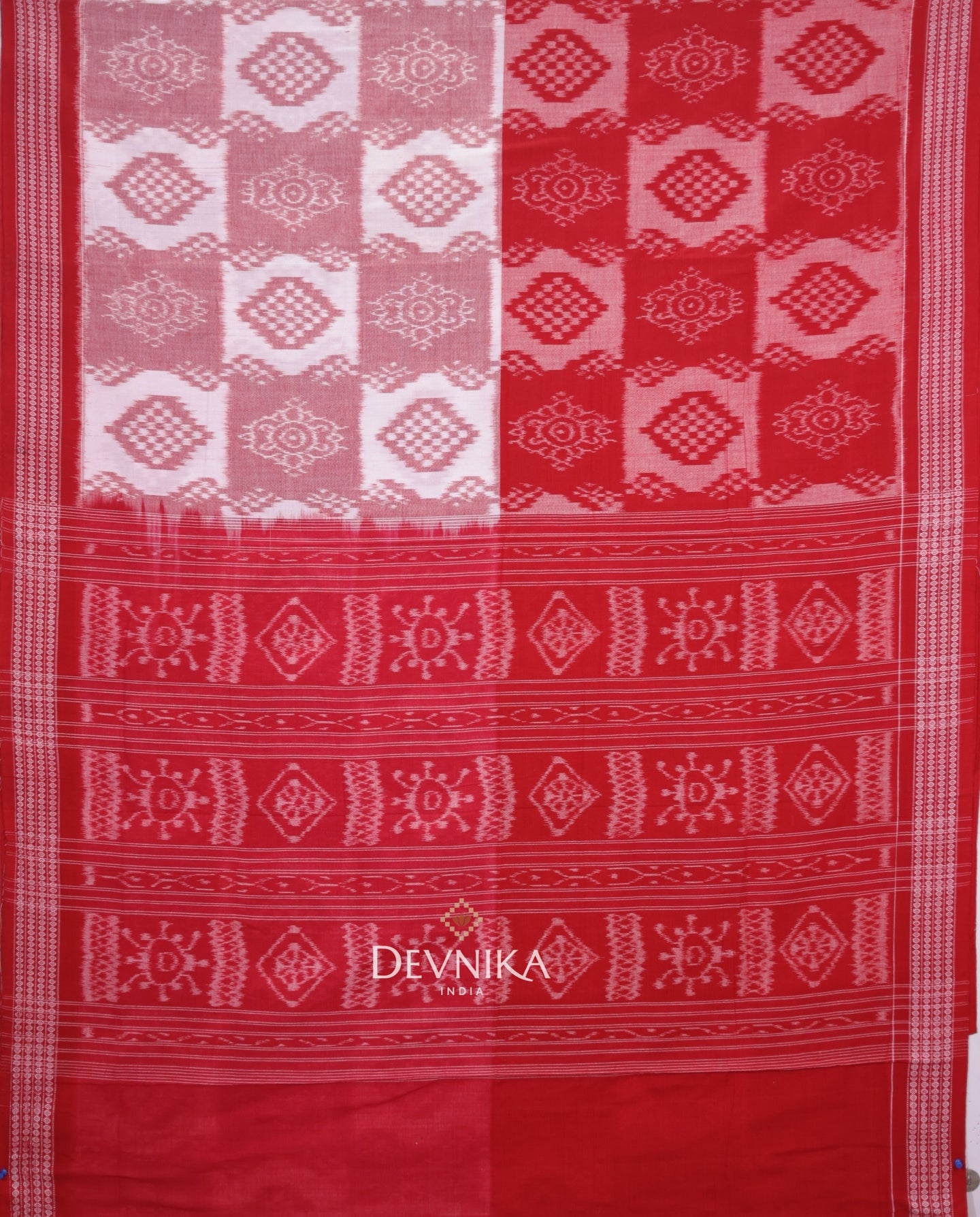 White Red Body Bandha Handloom Cotton Saree | Odisha Handloom | Devnika
