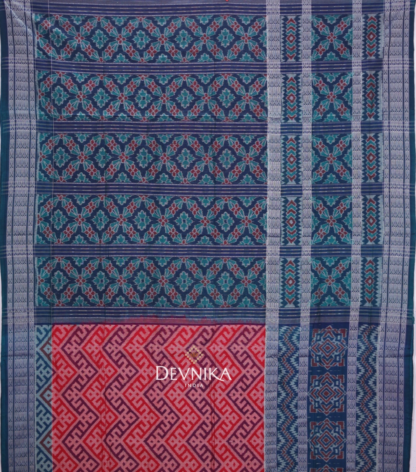 White Blue Fish Bandha Handloom Cotton Saree | Odisha Handloom | Devnika