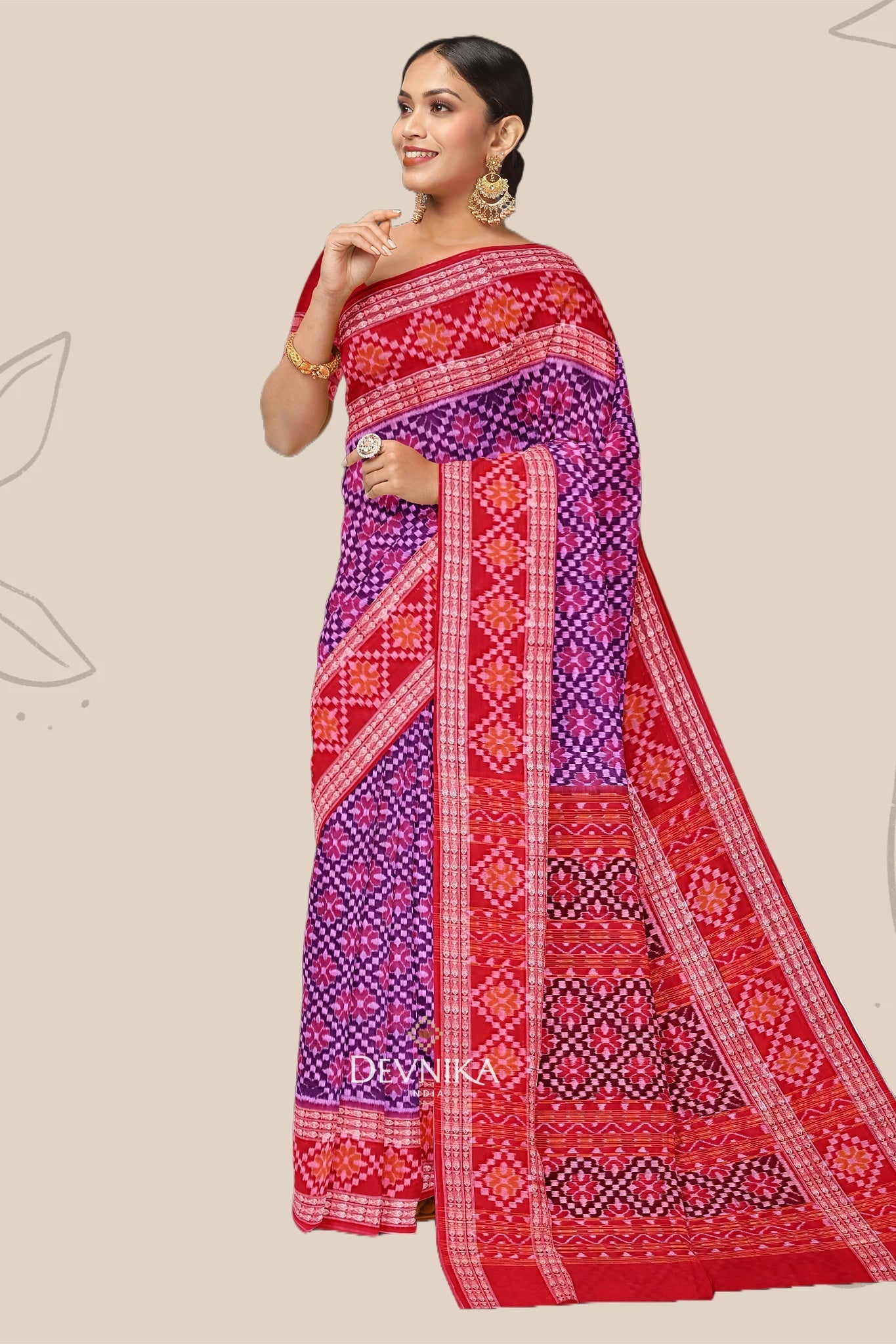 Purple Big Border Bandha Handloom Cotton Saree | Odisha Handloom | Devnika