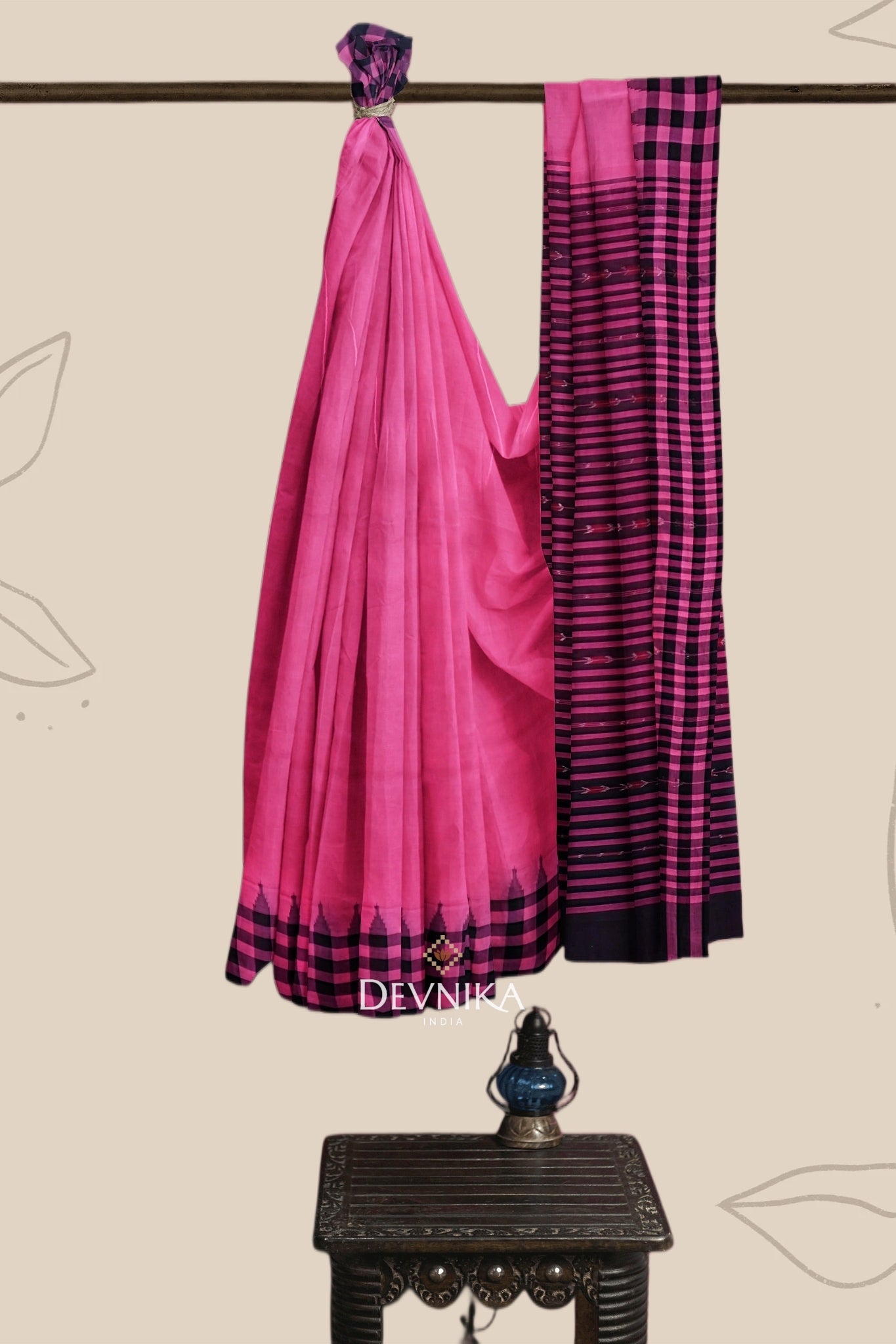 Pink Black Temple Border Odisha UP School Saree