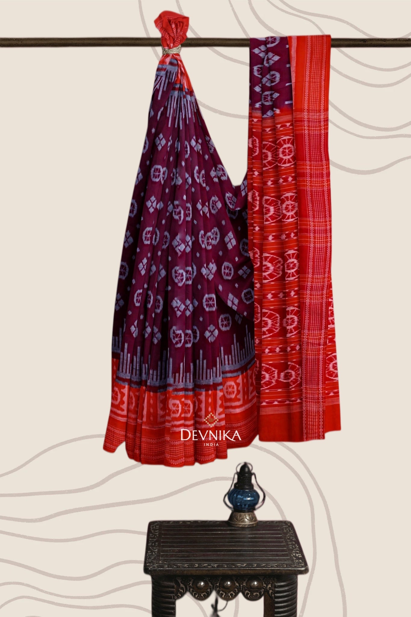 Dark Maroon Big Border Bandha Handloom Cotton Saree | Odisha Handloom | Devnika