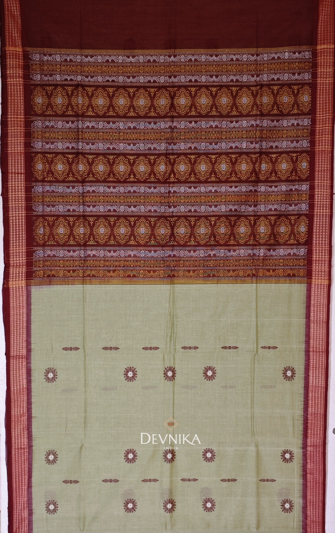 Grey Green Bomkai Handloom Cotton Saree | Odisha Handloom | Devnika