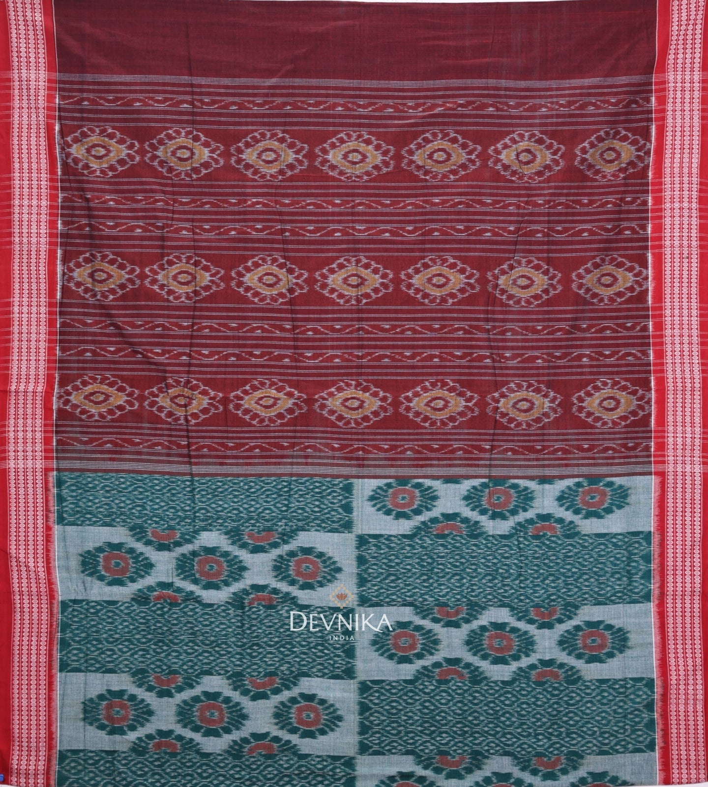 Green and Red Body Bandha Saree | Odisha Handloom GI Tagged | Devnika