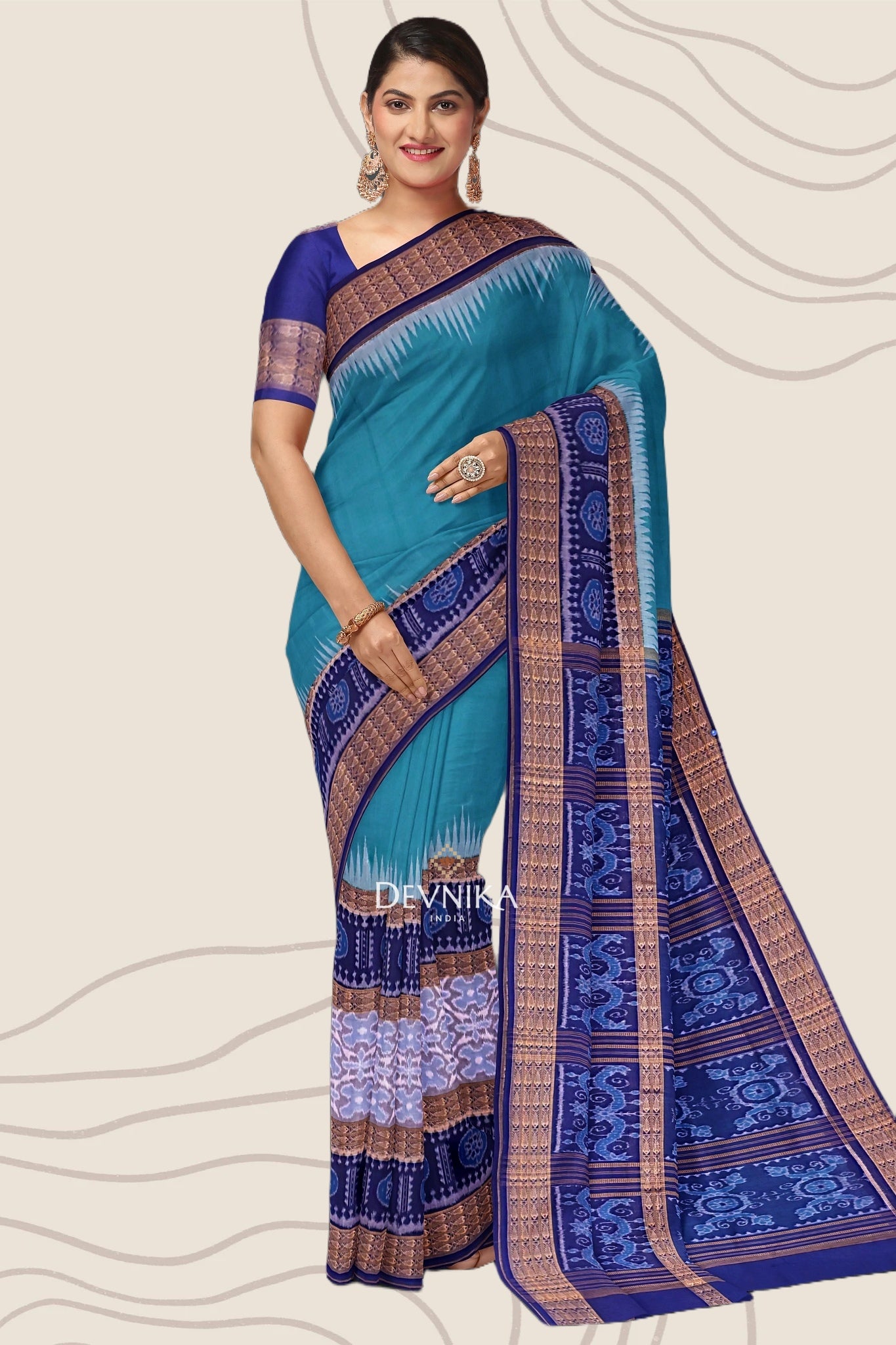 Sea Green Big Border Bandha Handloom Cotton Saree | Odisha Handloom | Devnika
