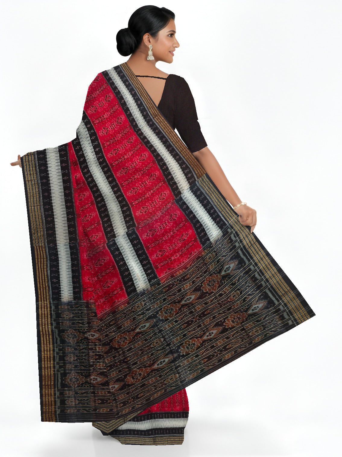 Red And White Mania Bandha Traditional Katiki Saree | Odisha Handloom GI Tagged | Devnika