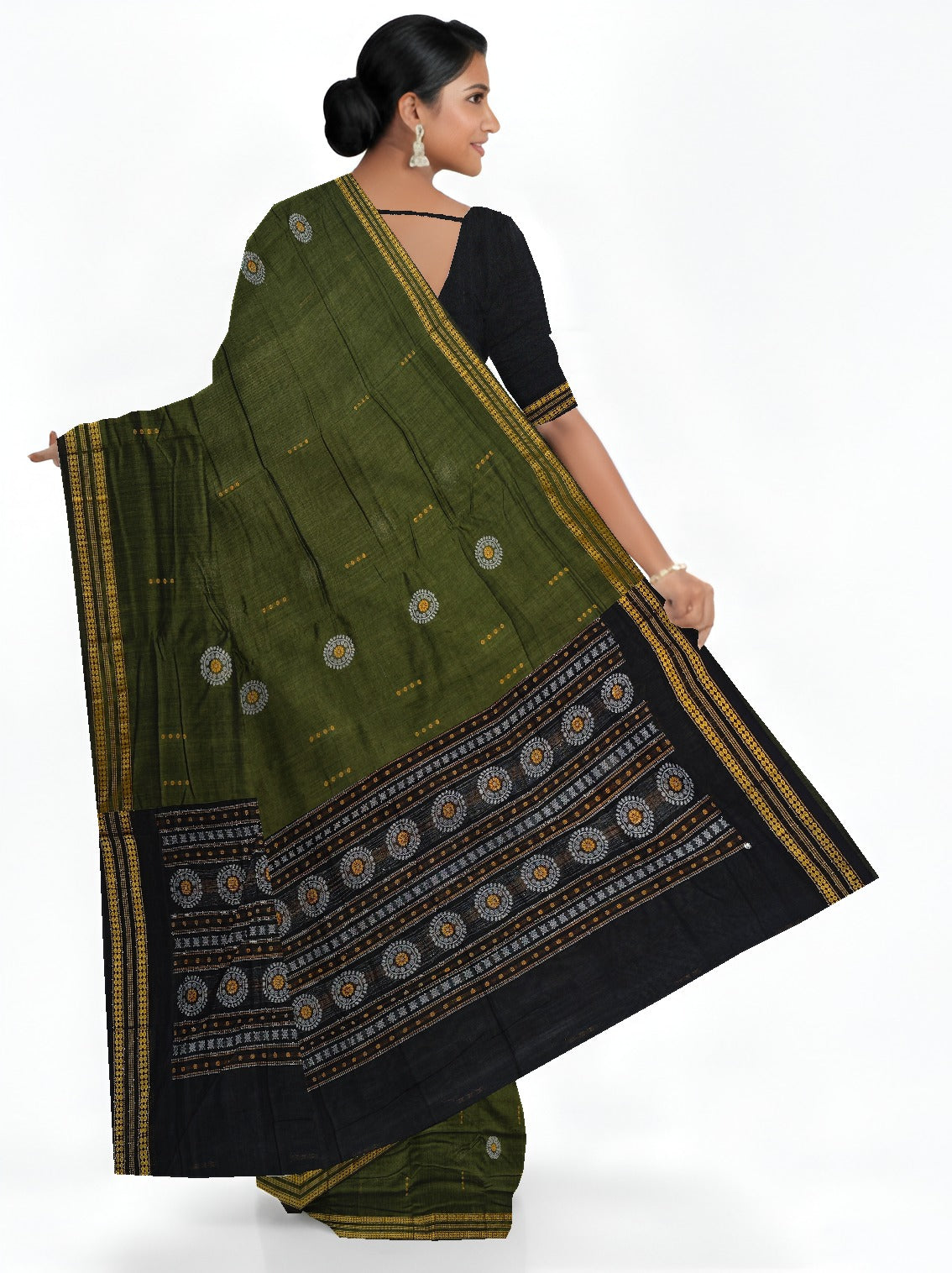 Olive Green Bomkai Butti Sambalapuri Saree | Odisha Handloom GI Tagged | Devnika