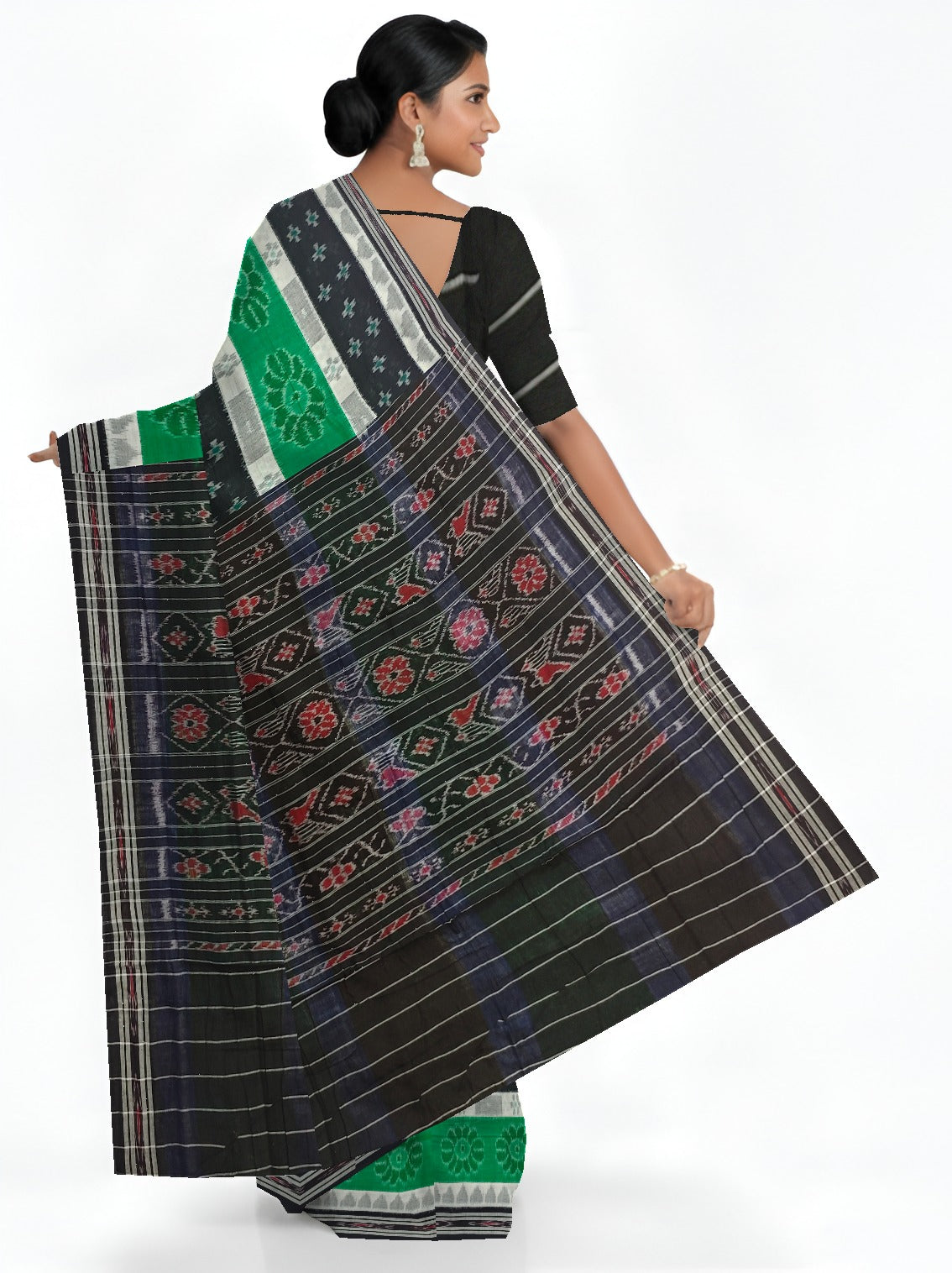 Black Green And White Mania Bandha Traditional Katiki Saree | Odisha Handloom GI Tagged | Devnika