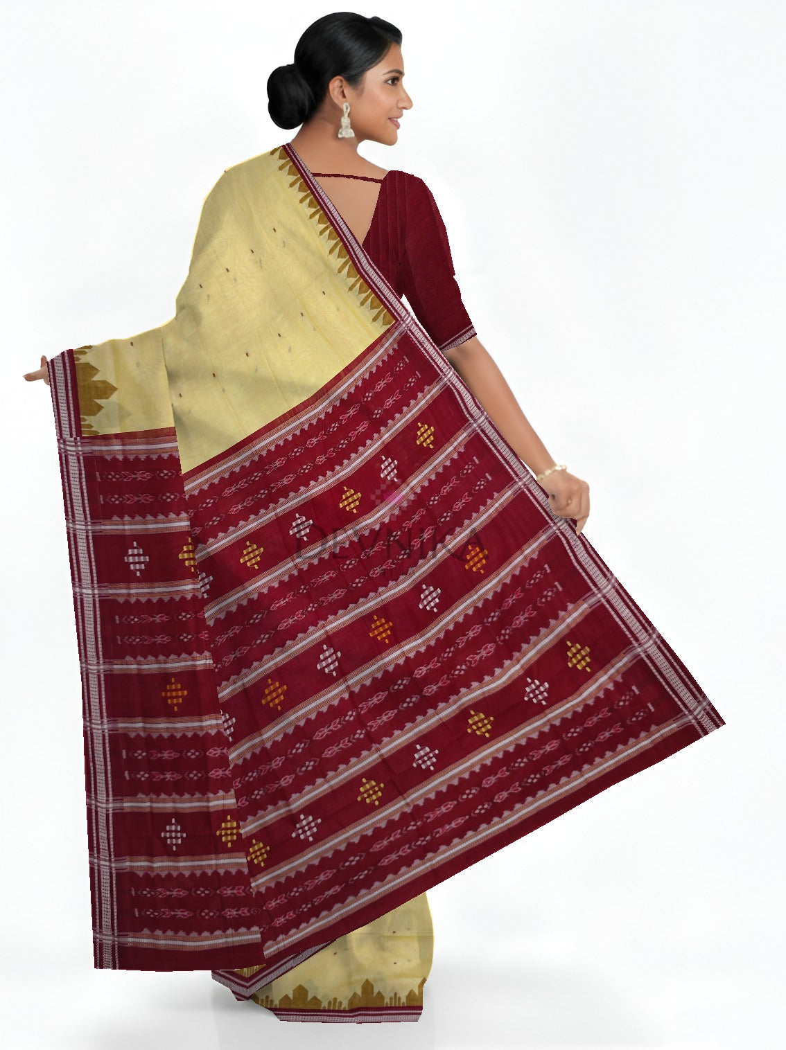 Cream Yellow Temple Boarder Cotton Bapta Saree | Odisha Handloom GI Tagged | Devnika
