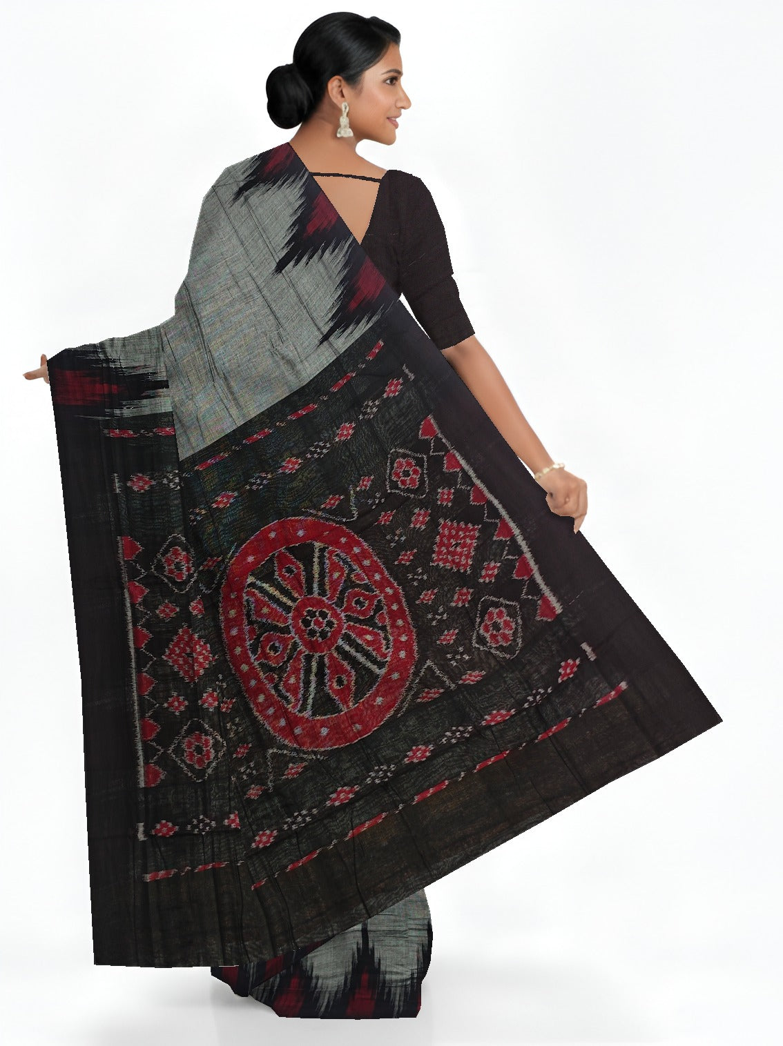 Grey Mania Bandha Traditional Temple Border Katiki Saree | Odisha Handloom GI Tagged | Devnika