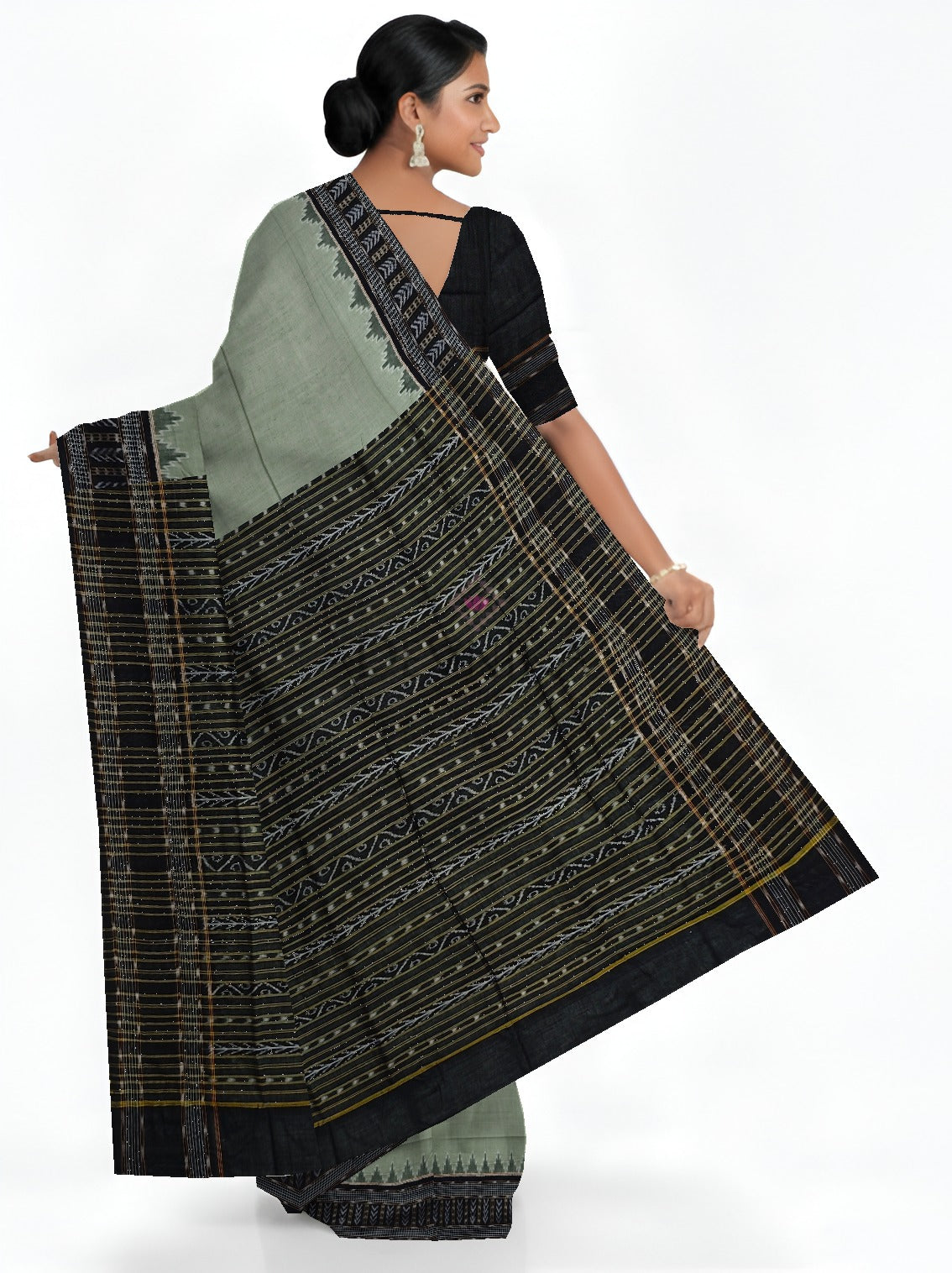 Pista Green Temple Border Bandha Saree | Odisha Handloom GI Tagged | Devnika