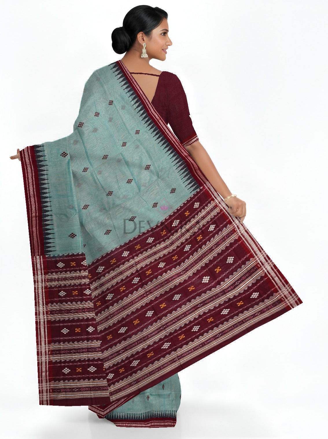 Light Green Temple Boarder Cotton Bapta Saree | Odisha Handloom GI Tagged | Devnika