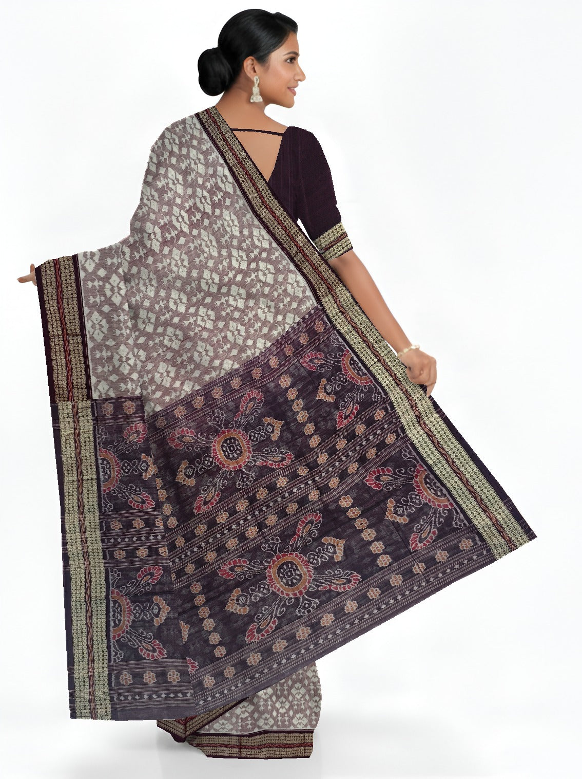 White & Coffee Traditional Body Bandha Saree | Odisha Handloom GI Tagged | Devnika