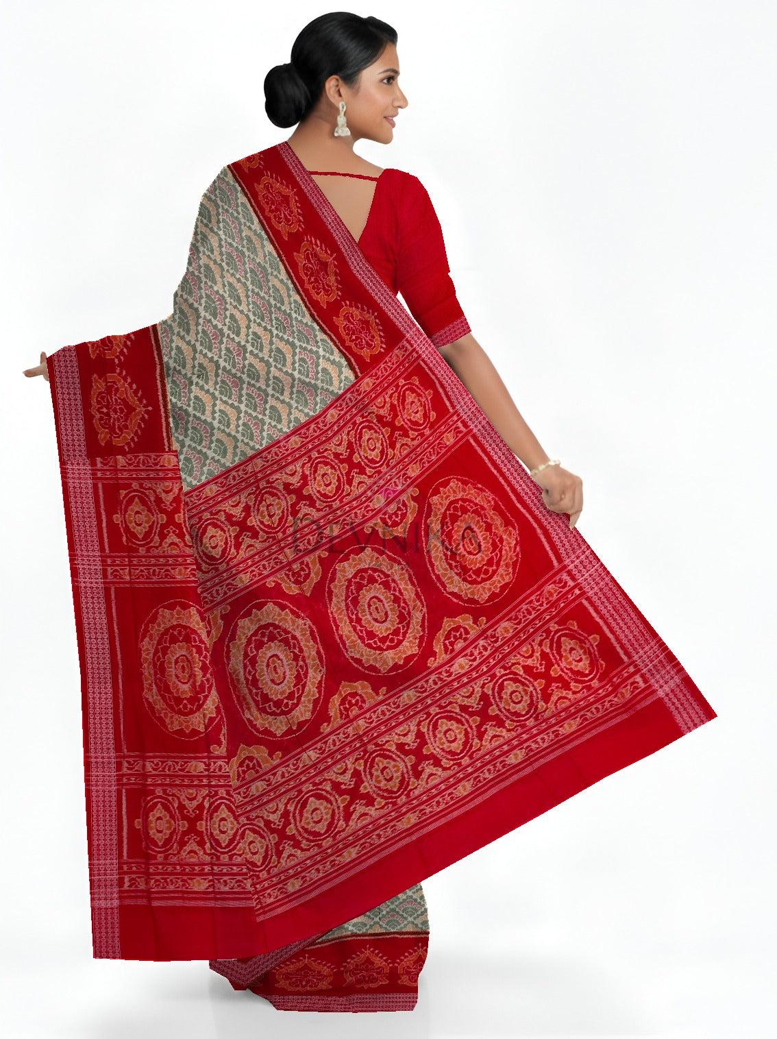 Steel & White Big Border Bandha Saree | Odisha Handloom GI Tagged | Devnika
