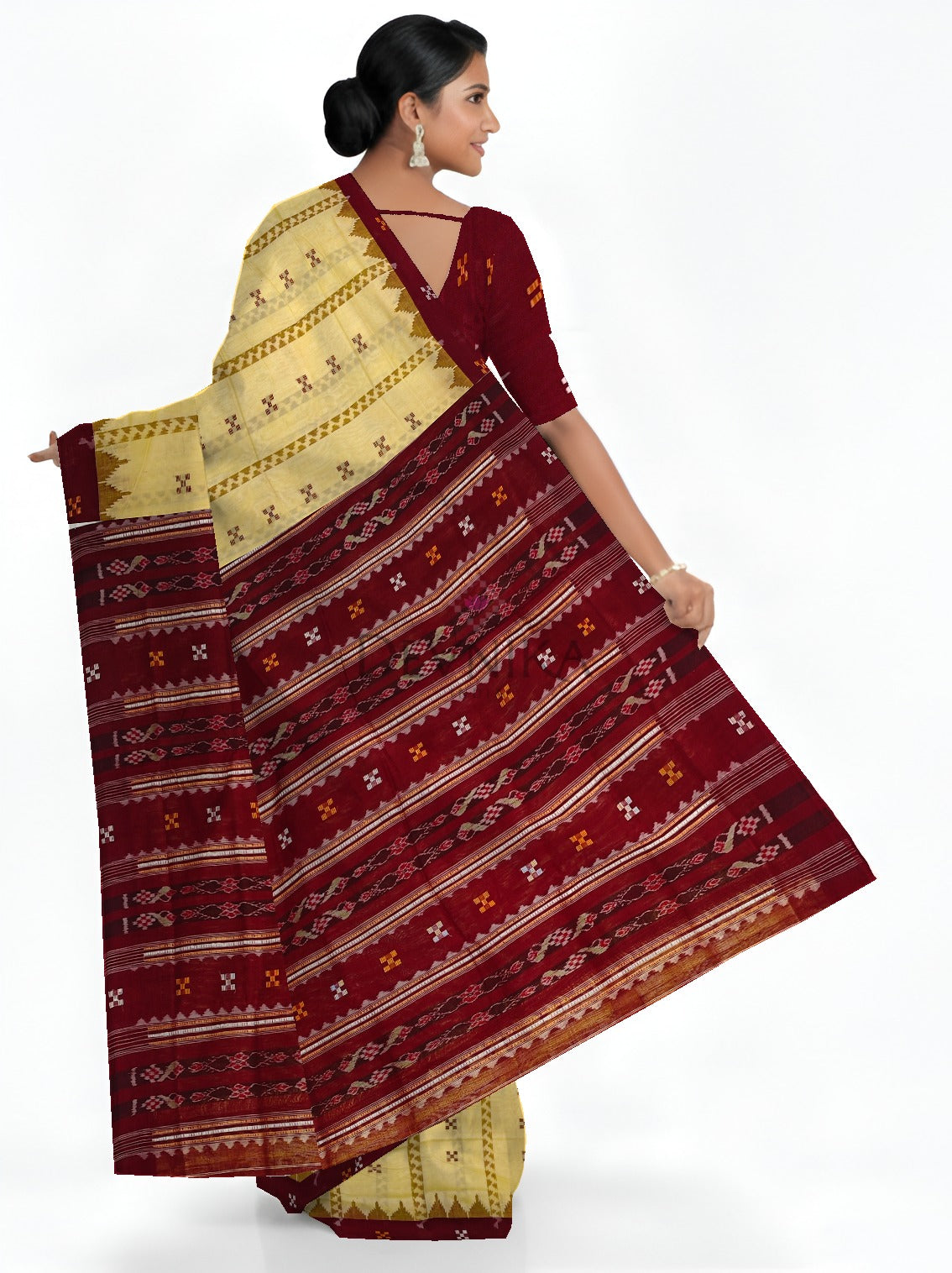 Cream Yellow Boarder Pasapalli Cotton Bapta Saree | Odisha Handloom GI Tagged | Devnika