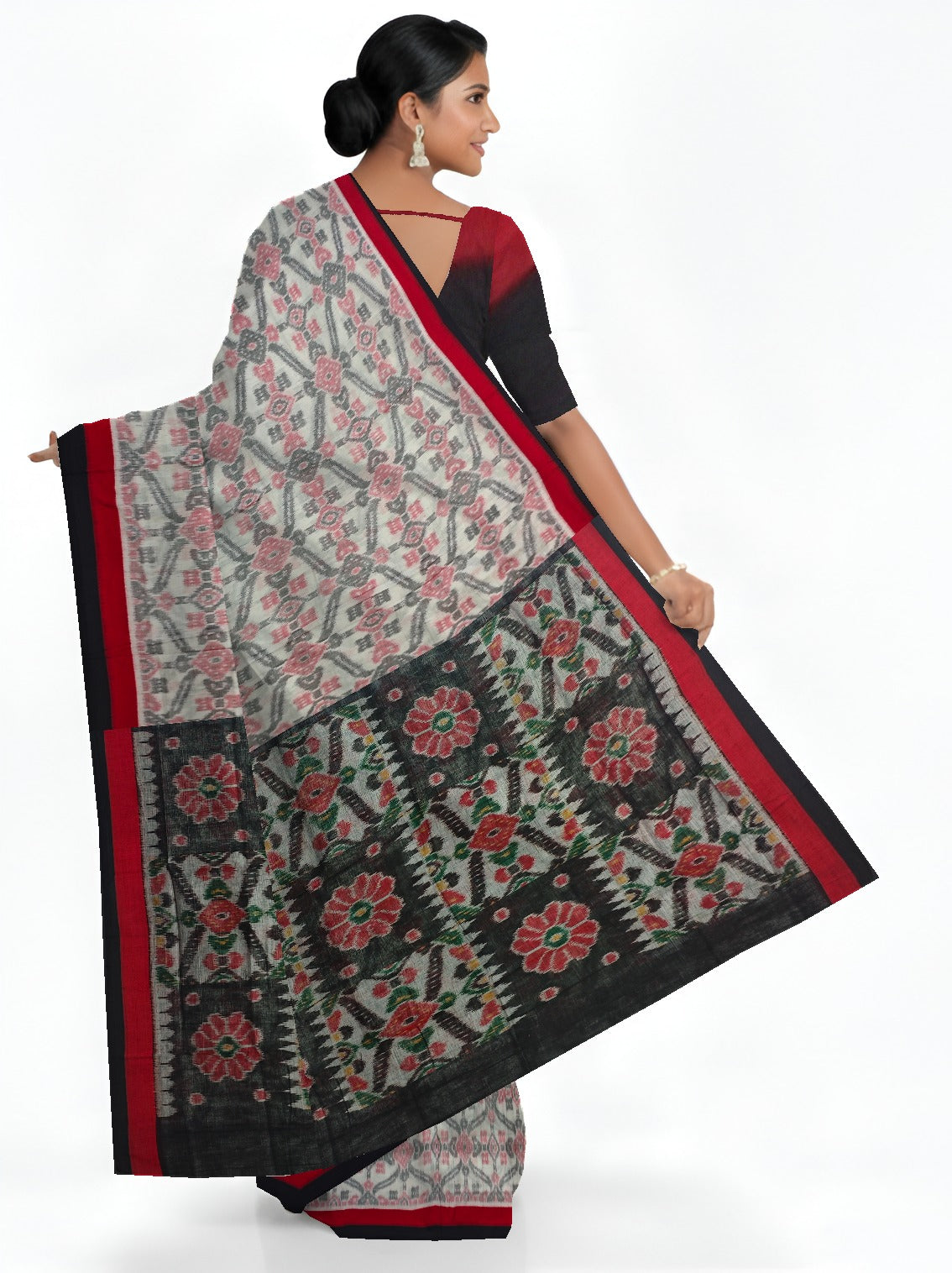 White And Red Mania Bandha Traditional Katiki Saree | Odisha Handloom GI Tagged | Devnika