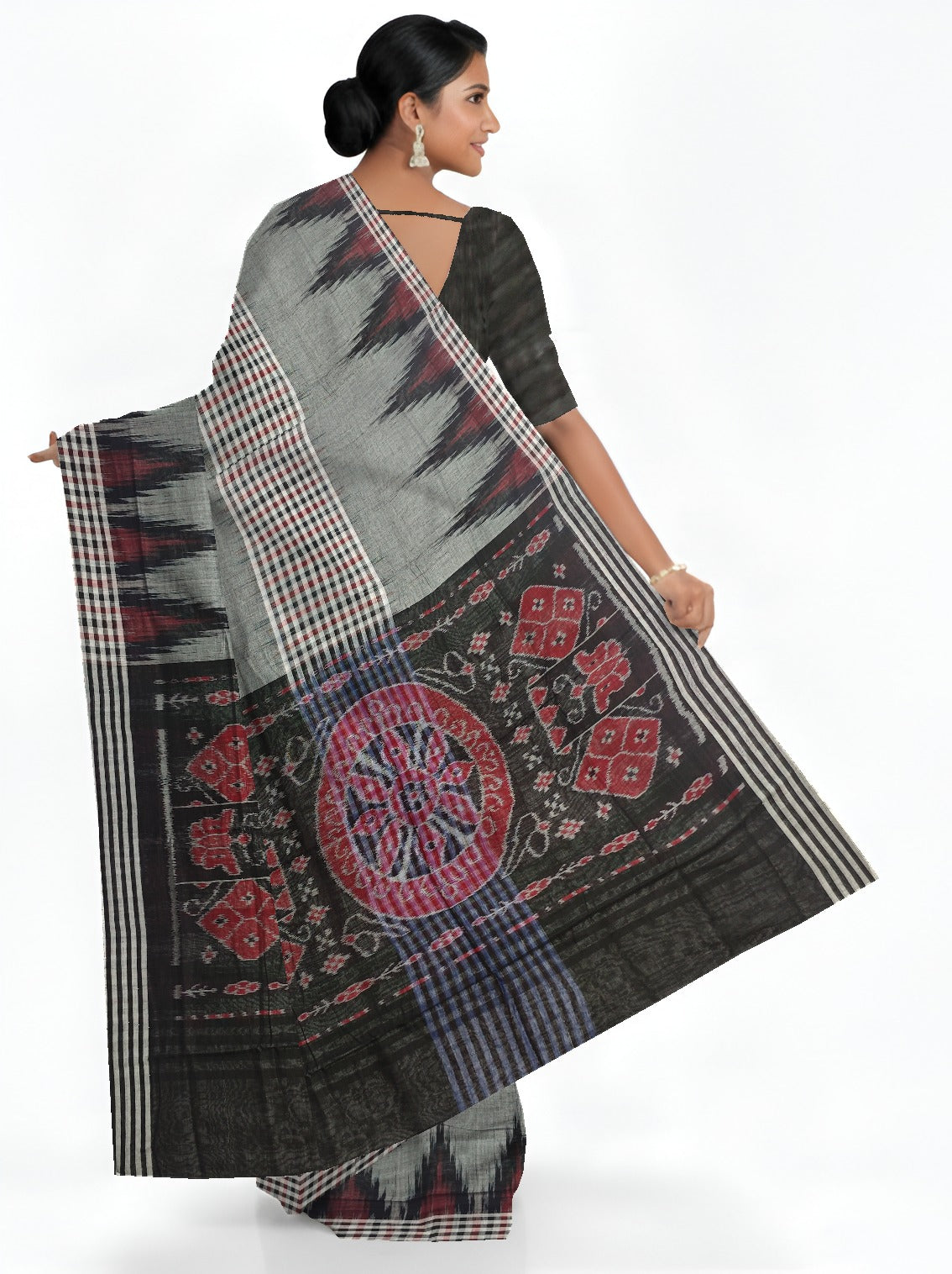 Grey Black Maroon Mania Bandha Traditional Katiki Saree | Odisha Handloom GI Tagged | Devnika