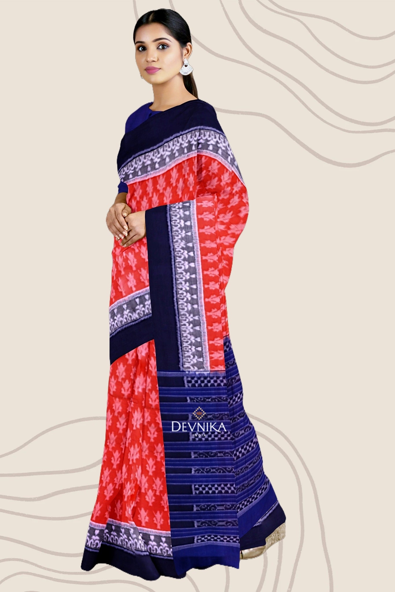 Orange Double Border Bandha Handloom Cotton Saree | Odisha Handloom | Devnika