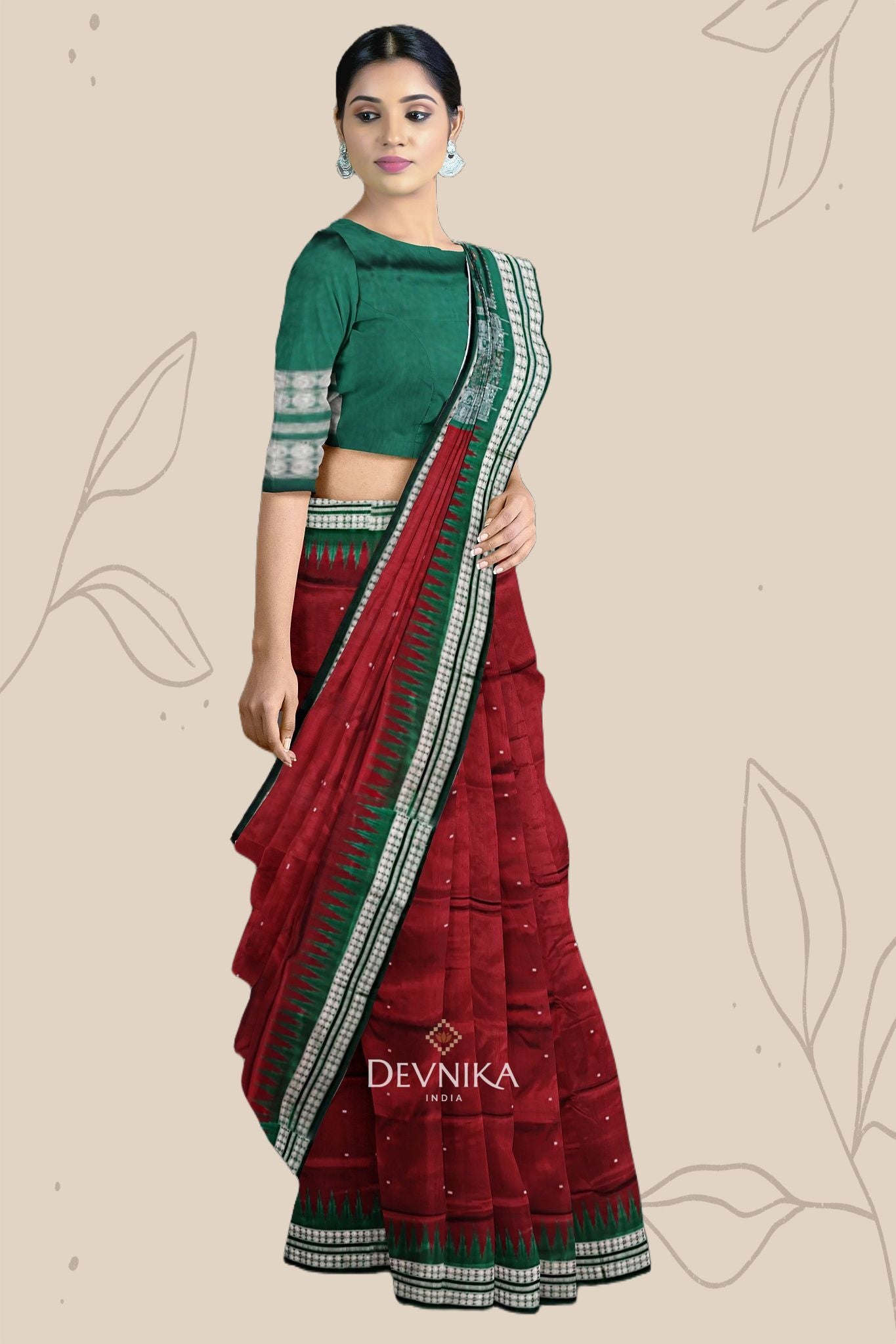 Dark Maroon With Forest Green Bomkai Butti Silk Saree | Odisha Handloom GI Tagged | Devnika