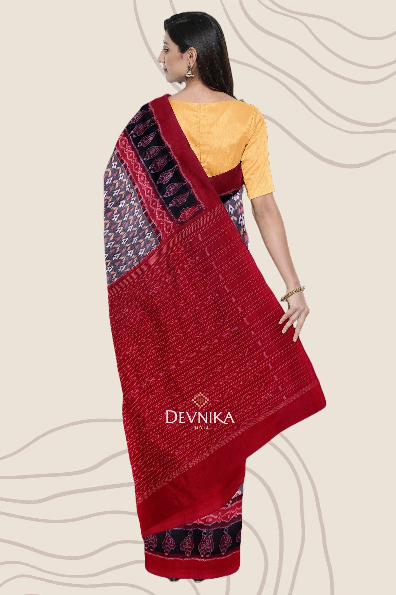 White, Bronze Double Border Bandha Handloom Cotton Saree | Odisha Handloom | Devnika