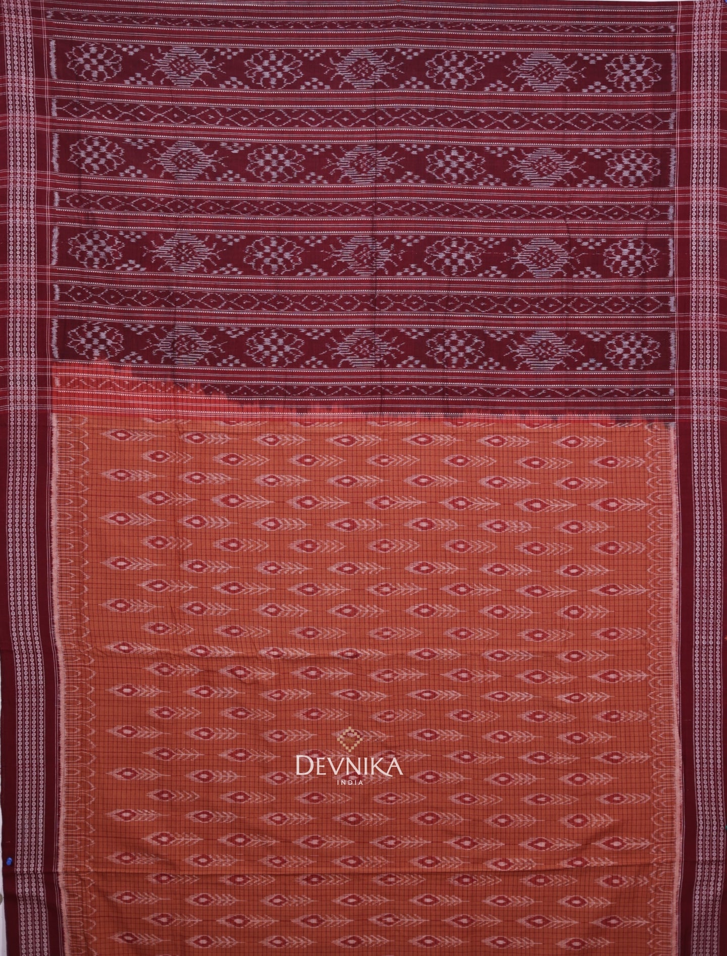 Brown With Maroon Body Bandha Handloom Cotton Saree | Odisha Handloom | Devnika