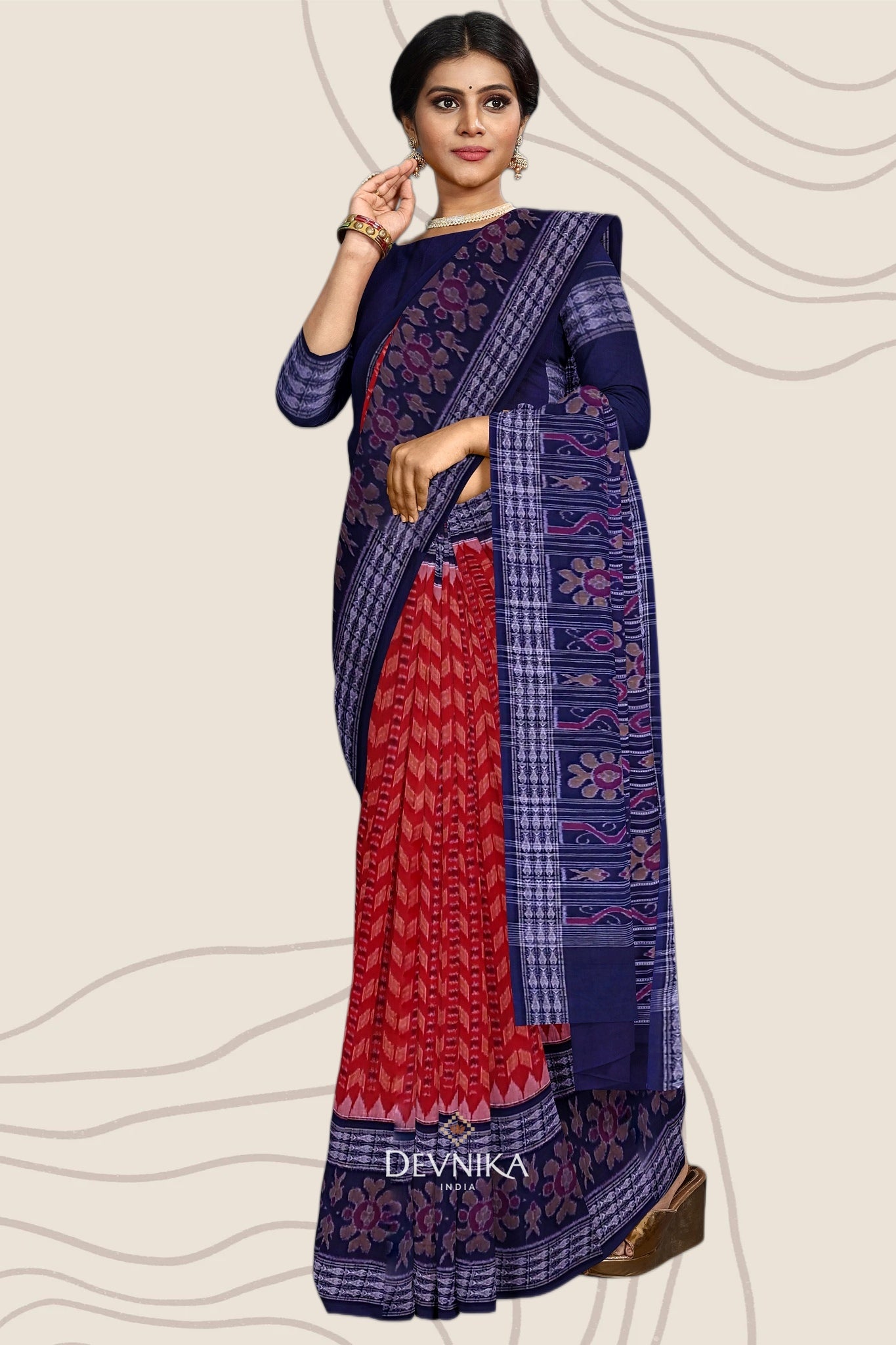 Deep Red Blue Khajuri Pati Bandha Handloom Cotton Saree | Odisha Handloom | Devnika