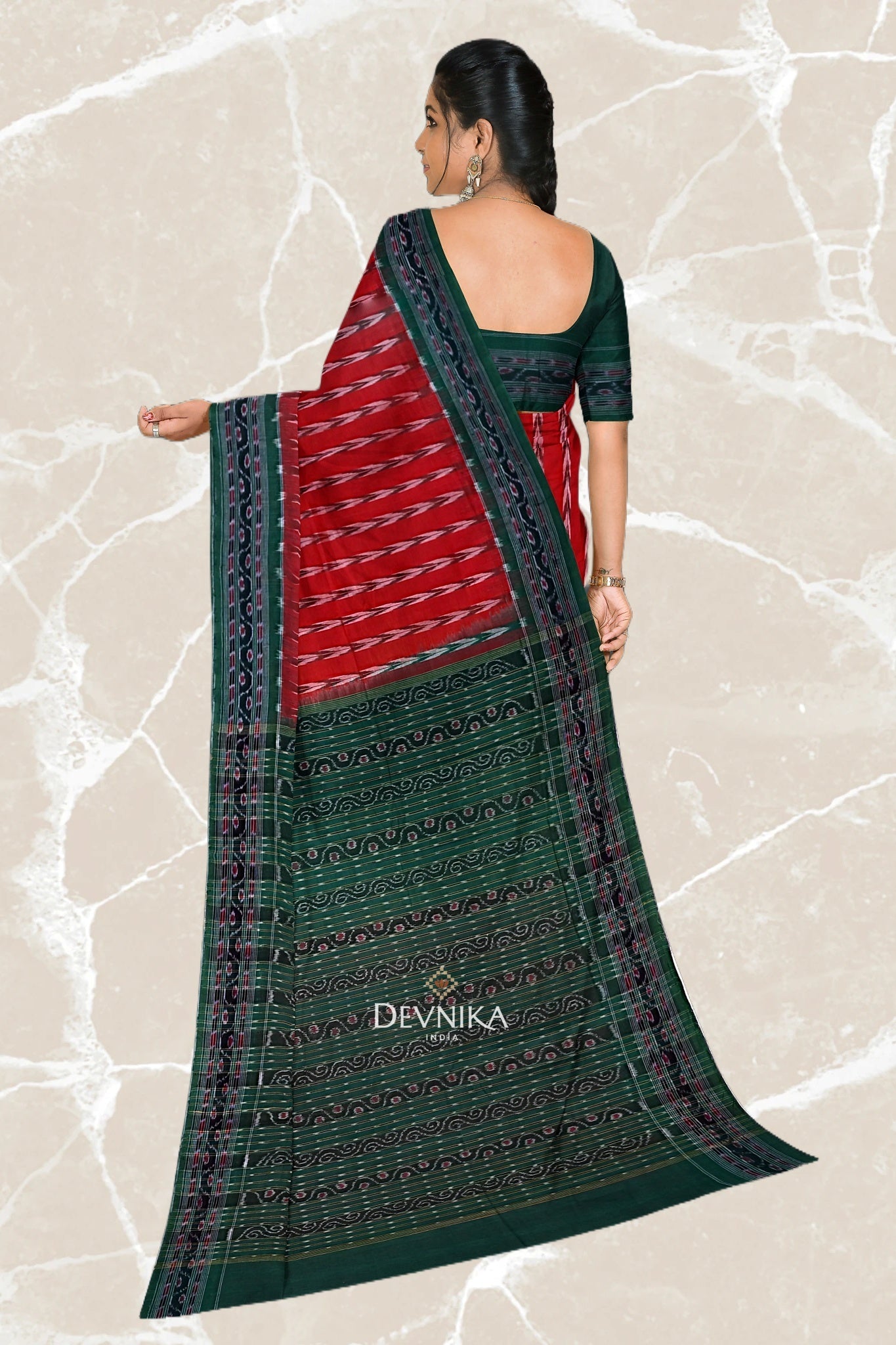 Deep Red Green Khajuri Pati Bandha Handloom Cotton Saree | Odisha Handloom | Devnika