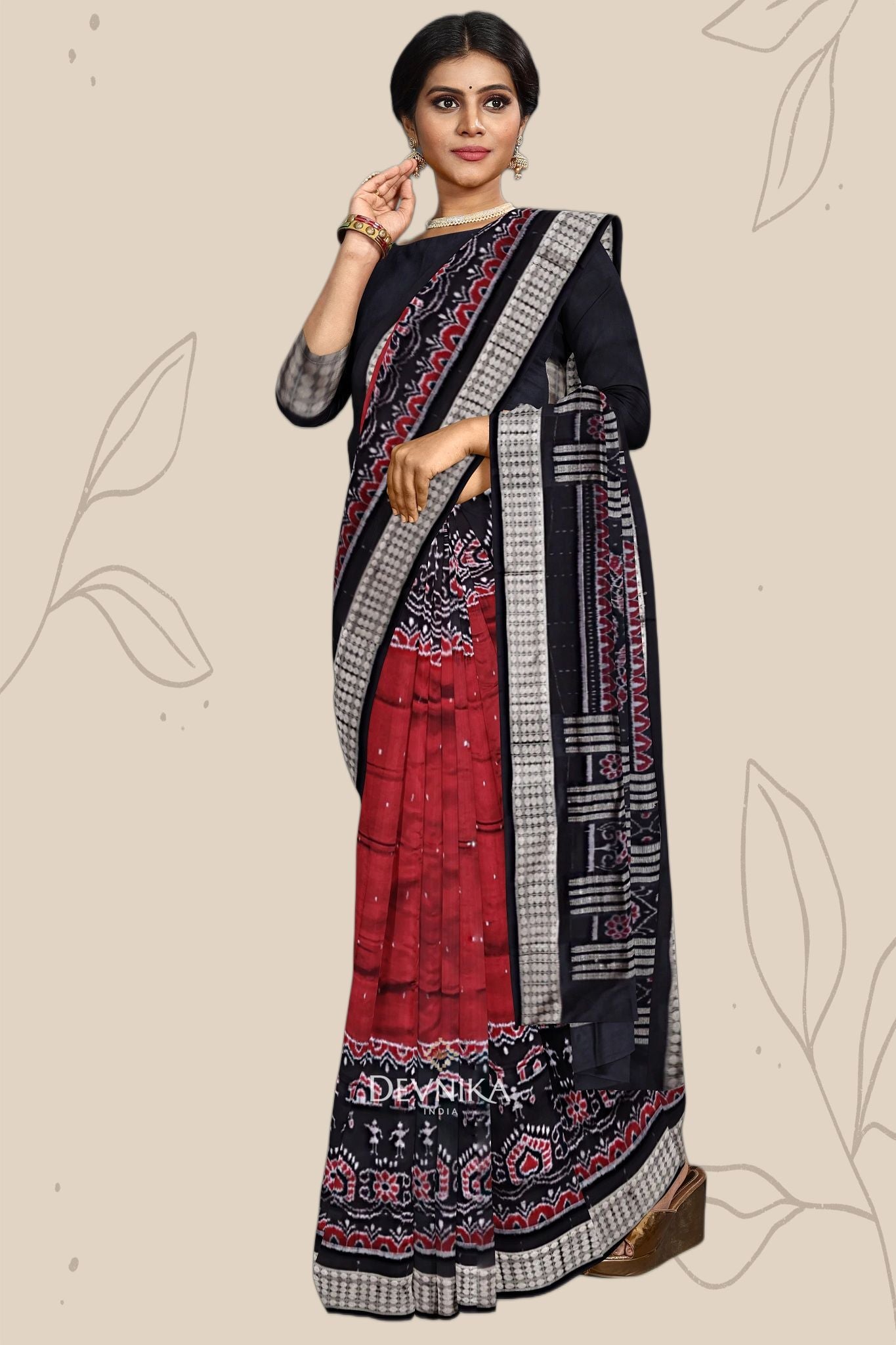 Maroon Teracota Teracota Bandha Silk Saree | Odisha Handloom GI Tagged | Devnika
