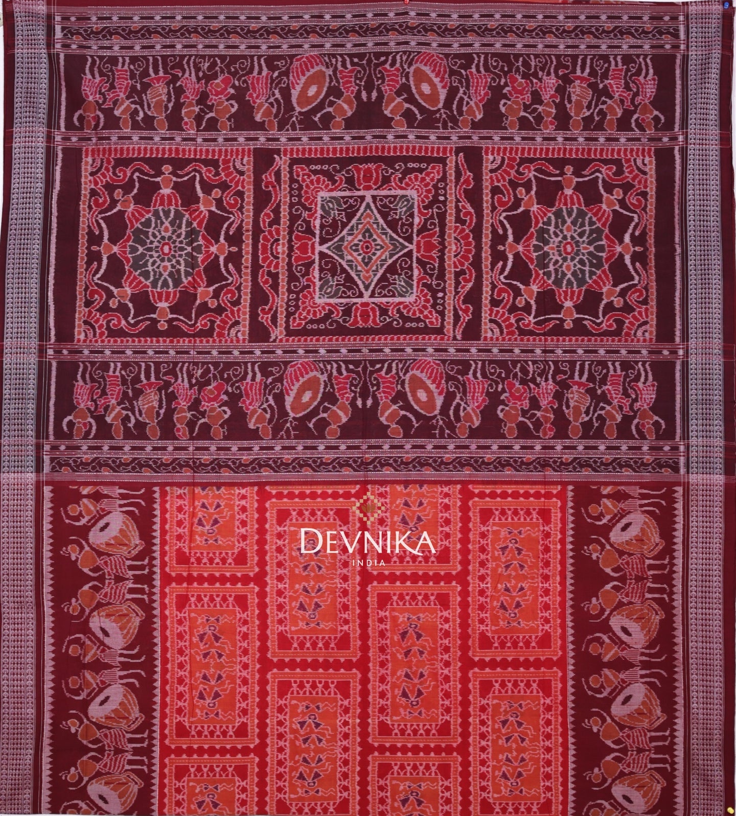 Dark Red Teracota Bandha Handloom Cotton Saree | Odisha Handloom | Devnika