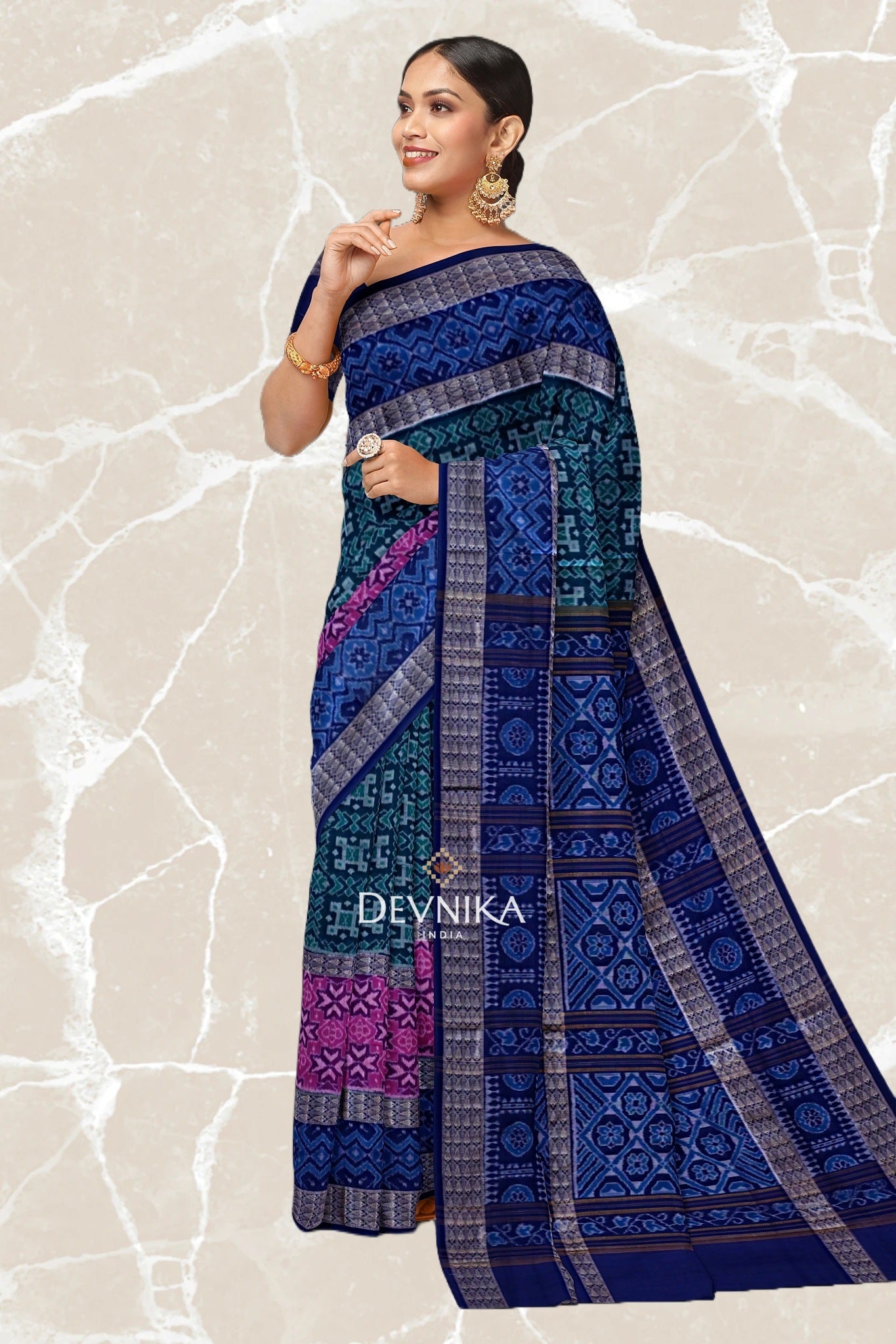 Green Blue Double Border Bandha Handloom Cotton Saree | Odisha Handloom | Devnika
