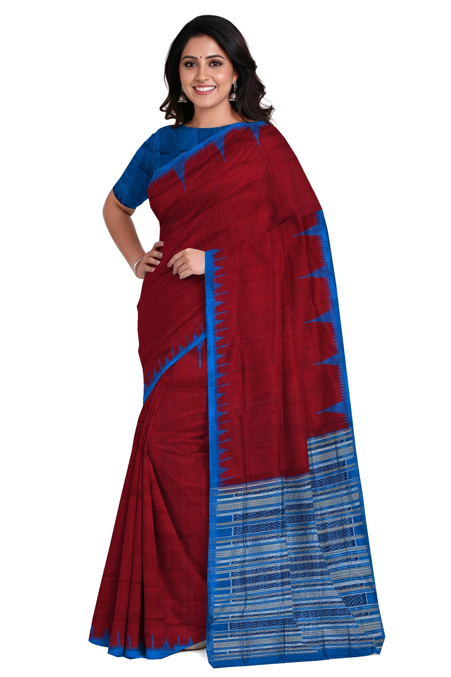 Deep Maroon Big Temple Border Sambalpuri  Saree | Odisha Handloom GI Tagged | Devnika