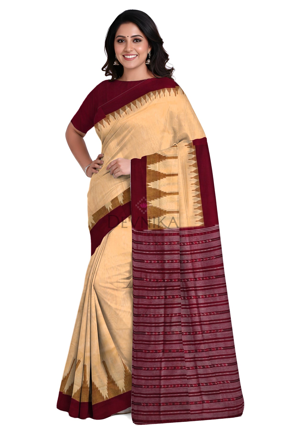 Peach Big Temple Boarder | Odisha Handloom GI Tagged | Devnika