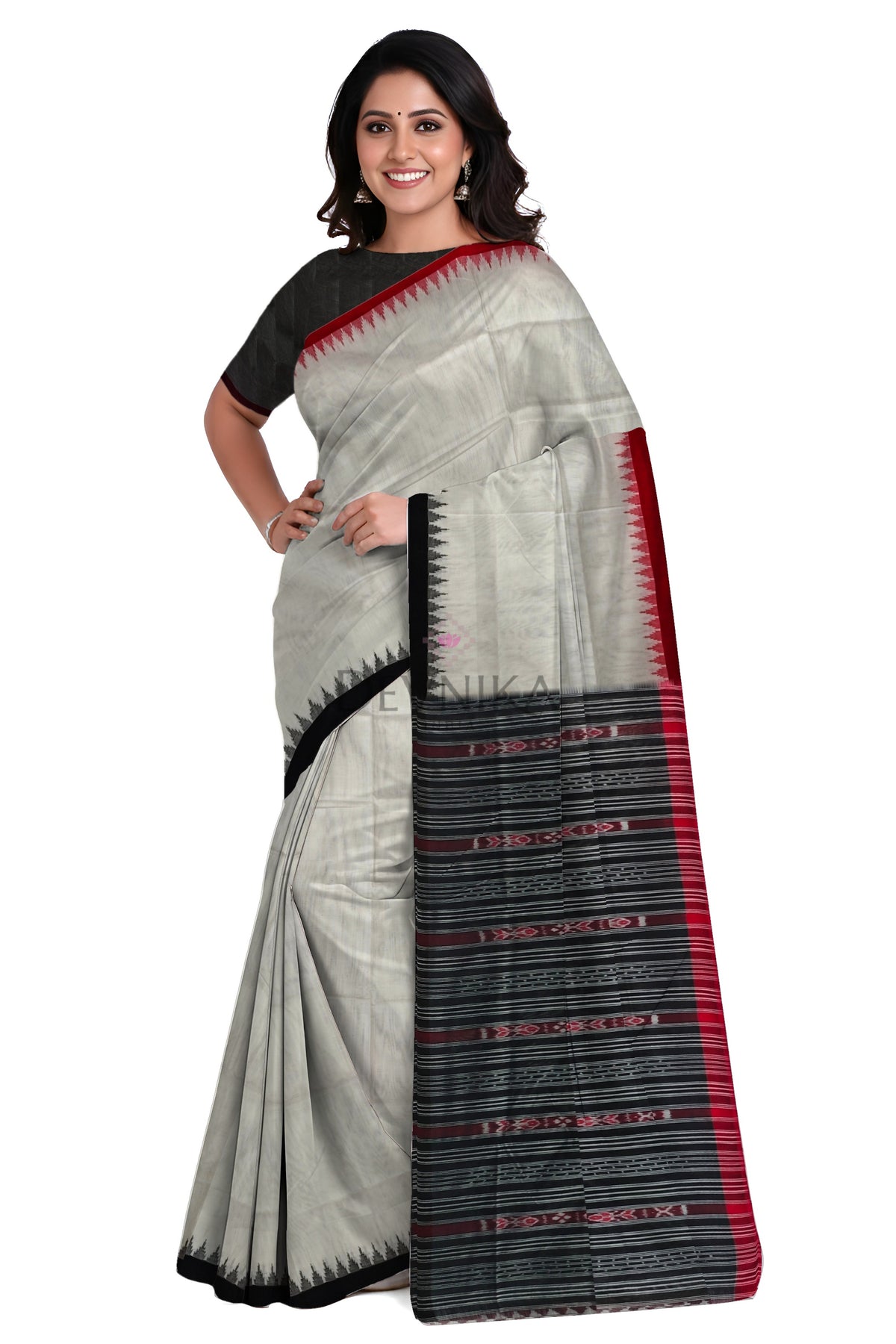 White Ganga Jamuna Saree | Odisha Handloom GI Tagged | Devnika