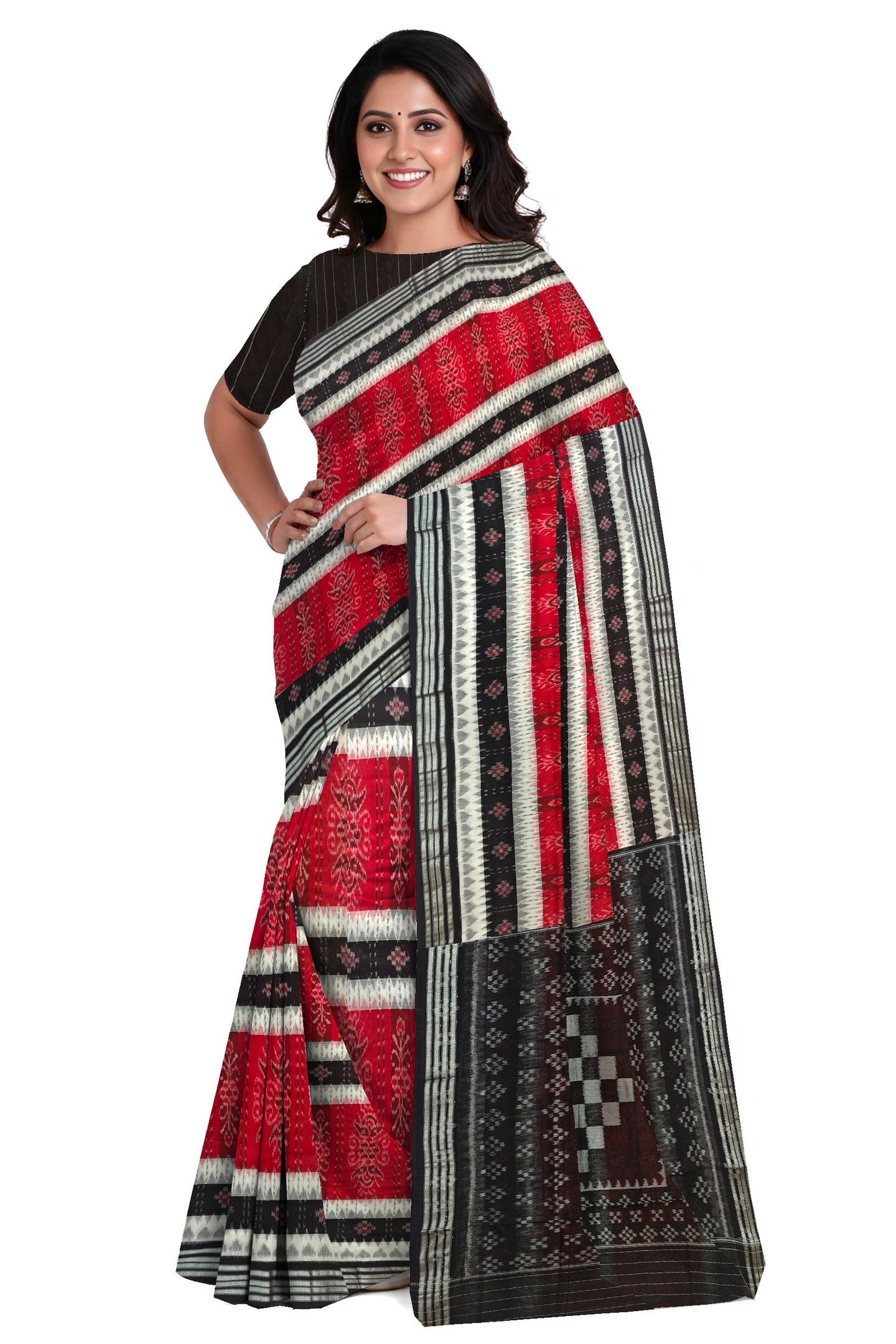 Red And White Mania Bandha Traditional Katiki Saree | Odisha Handloom GI Tagged | Devnika