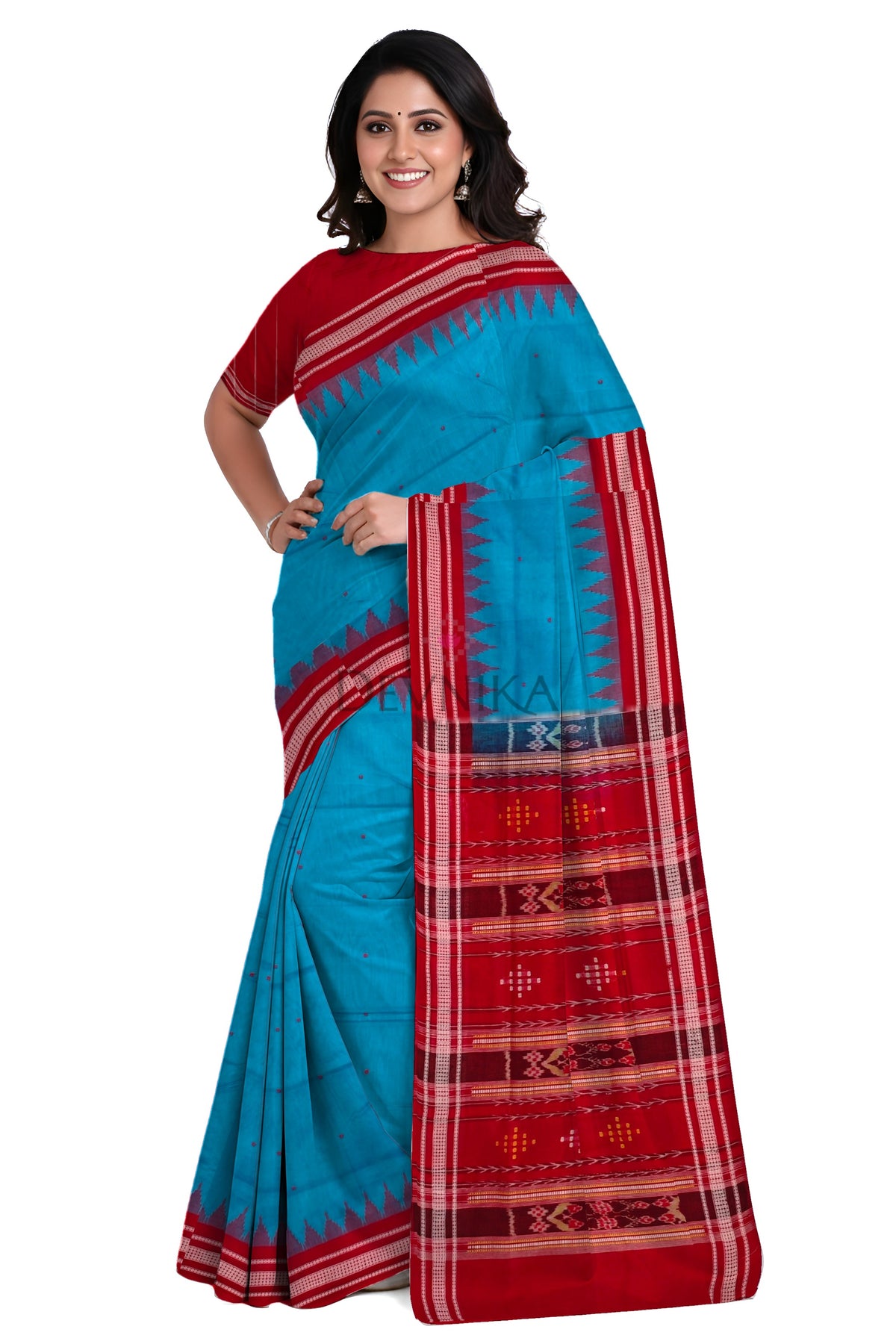 Royal Blue Temple Boarder Cotton Bapta Saree | Odisha Handloom GI Tagged | Devnika