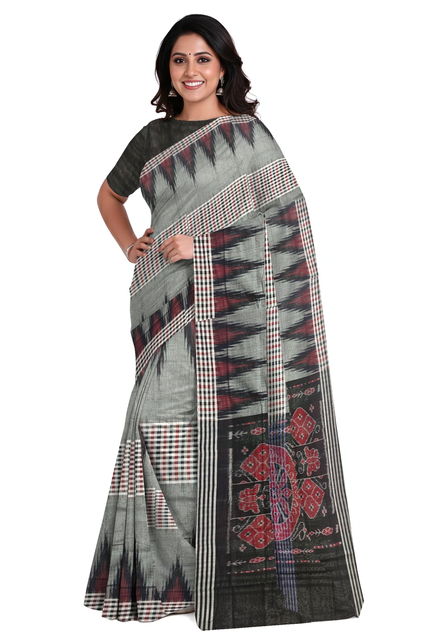 Grey Black Maroon Mania Bandha Traditional Katiki Saree | Odisha Handloom GI Tagged | Devnika