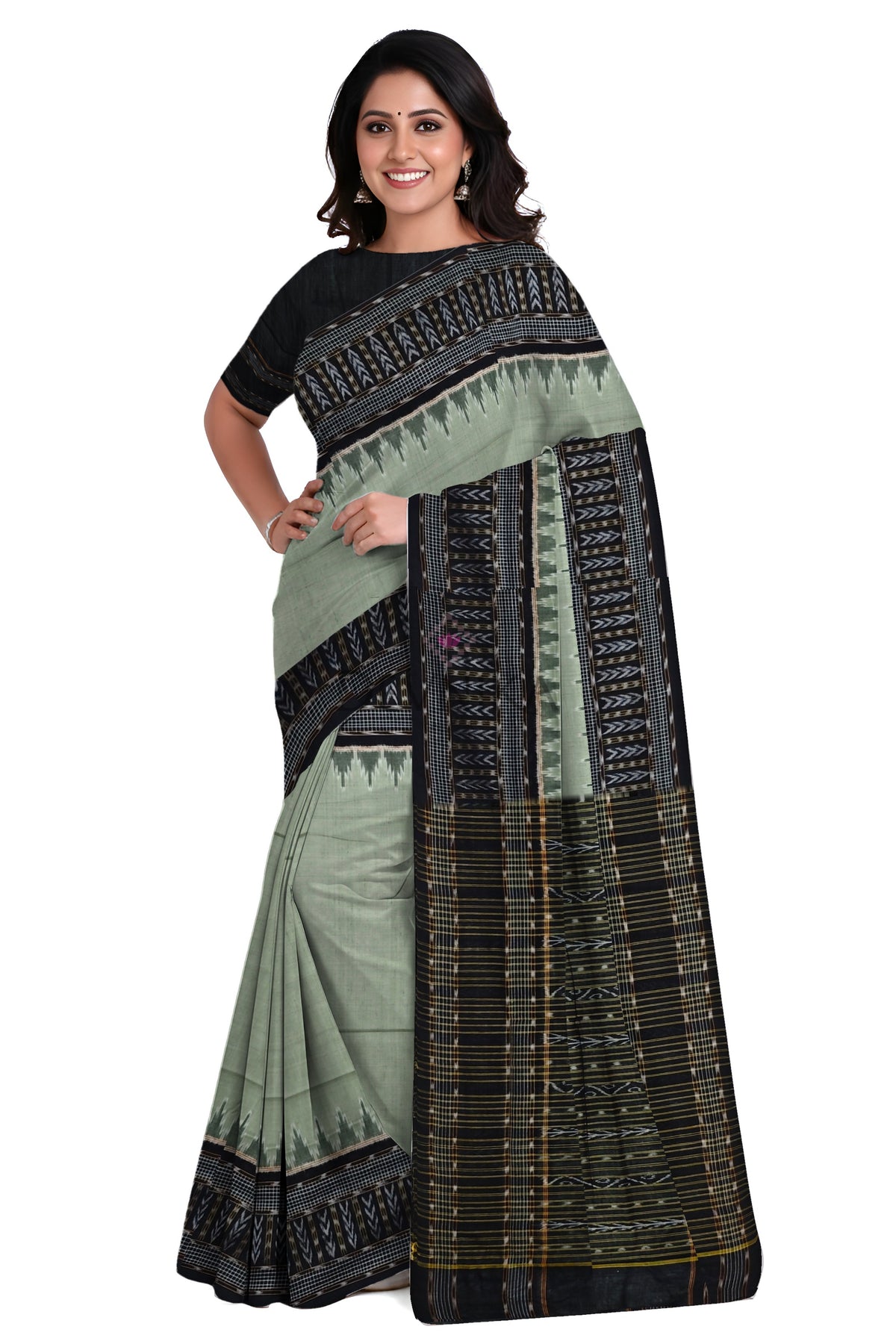 Pista Green Temple Border Bandha Saree | Odisha Handloom GI Tagged | Devnika