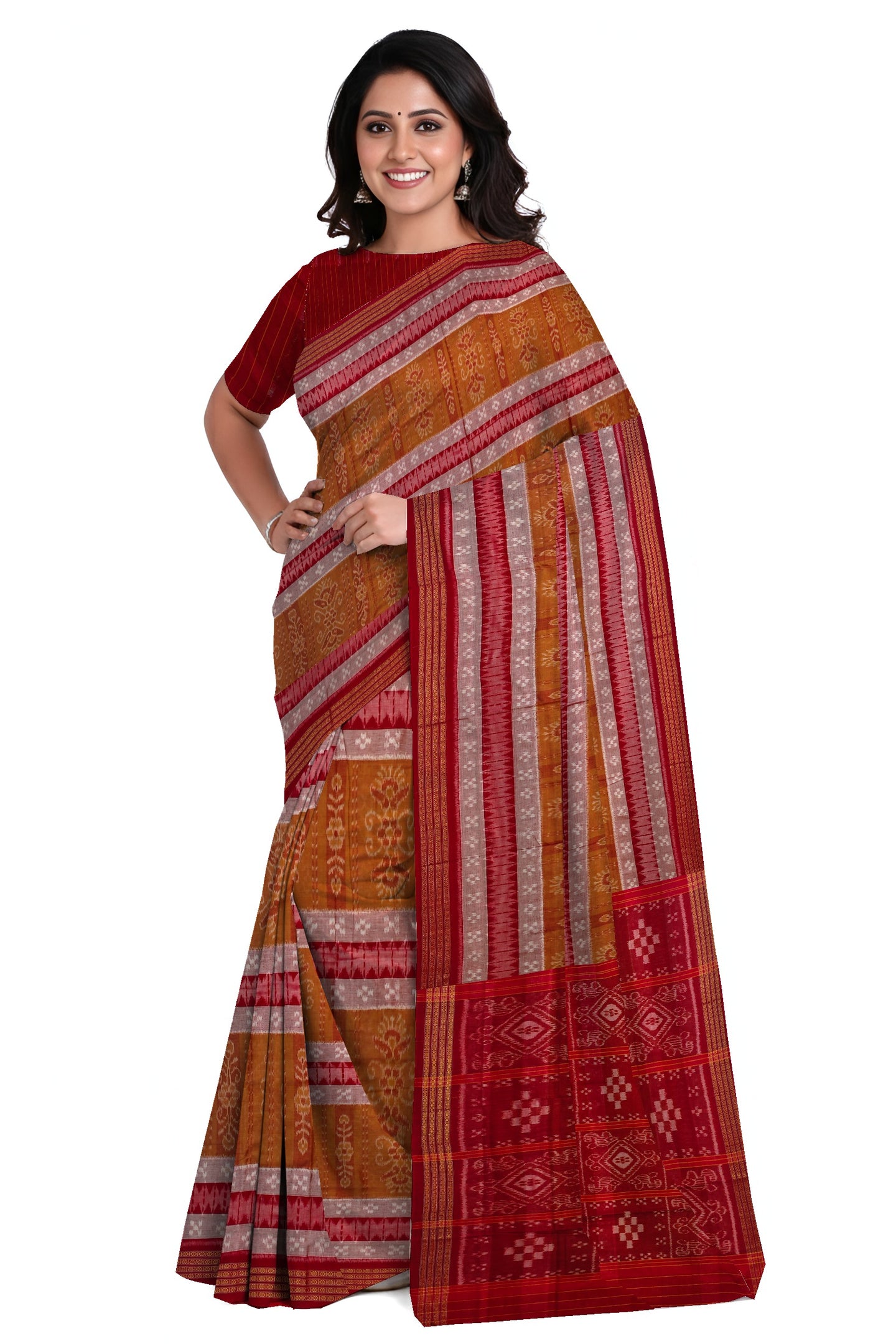 Brown White Mania Bandha Traditional Katiki Saree | Odisha Handloom GI Tagged | Devnika
