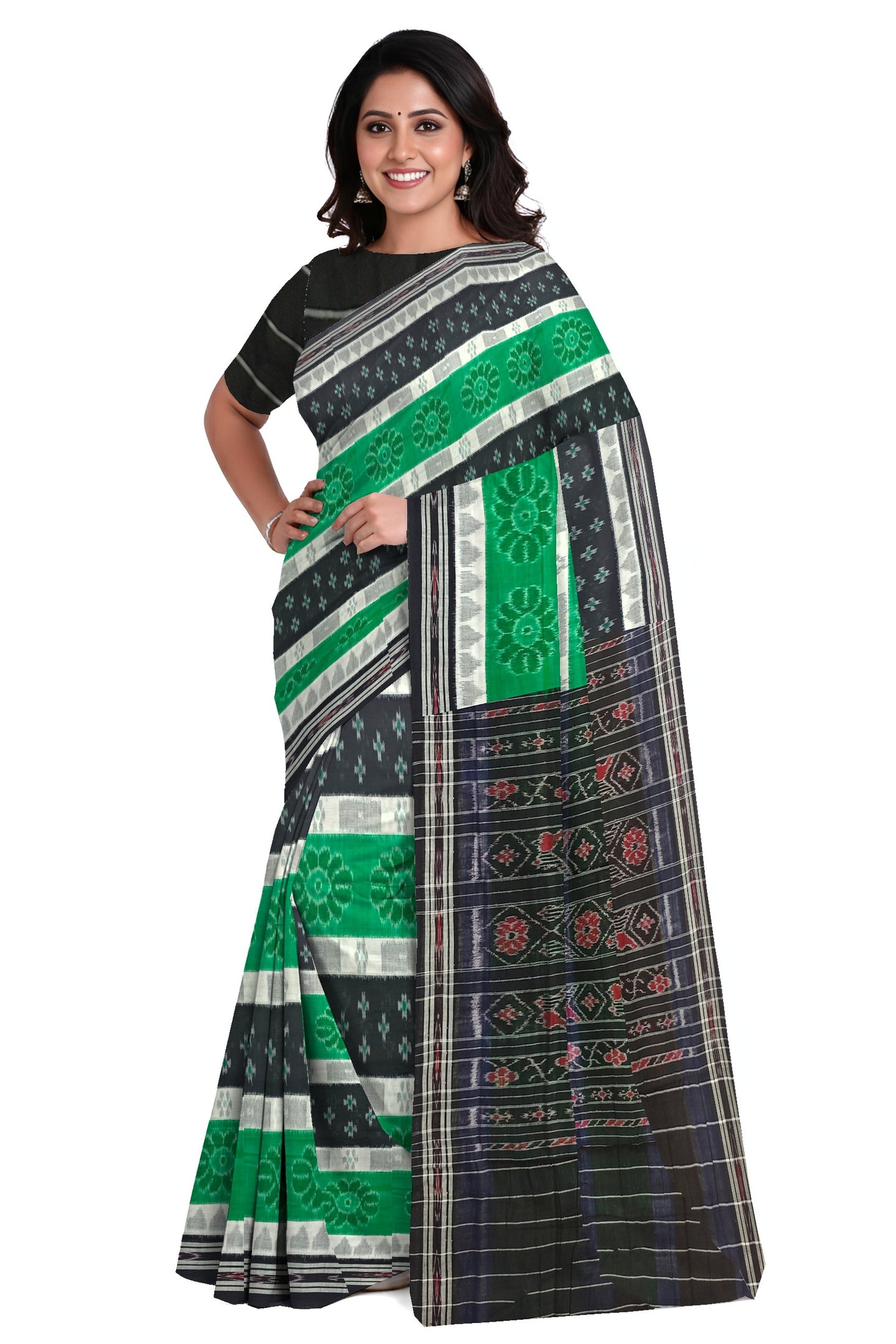 Black Green And White Mania Bandha Traditional Katiki Saree | Odisha Handloom GI Tagged | Devnika