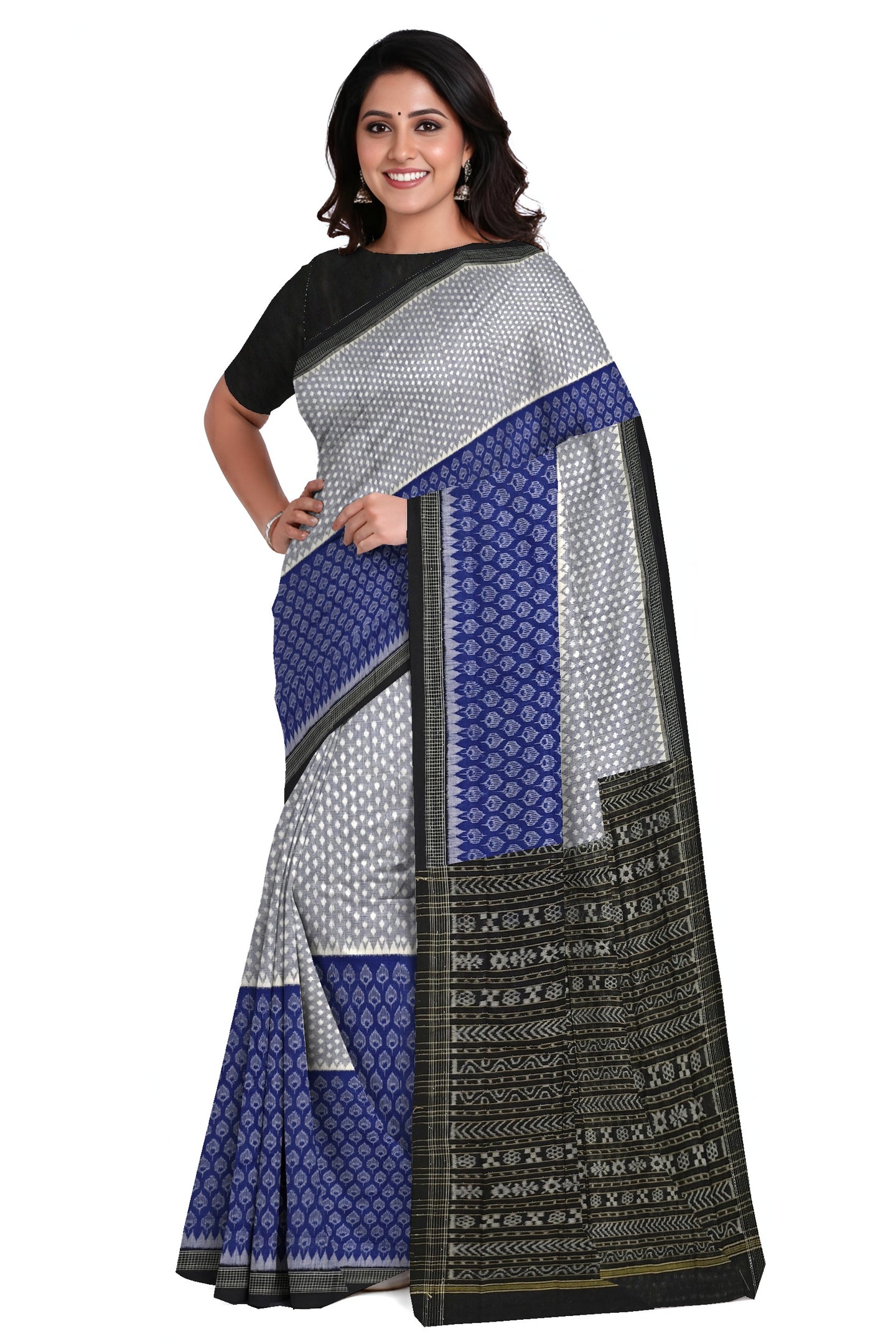 White Blue Half Half Body Bandha Saree