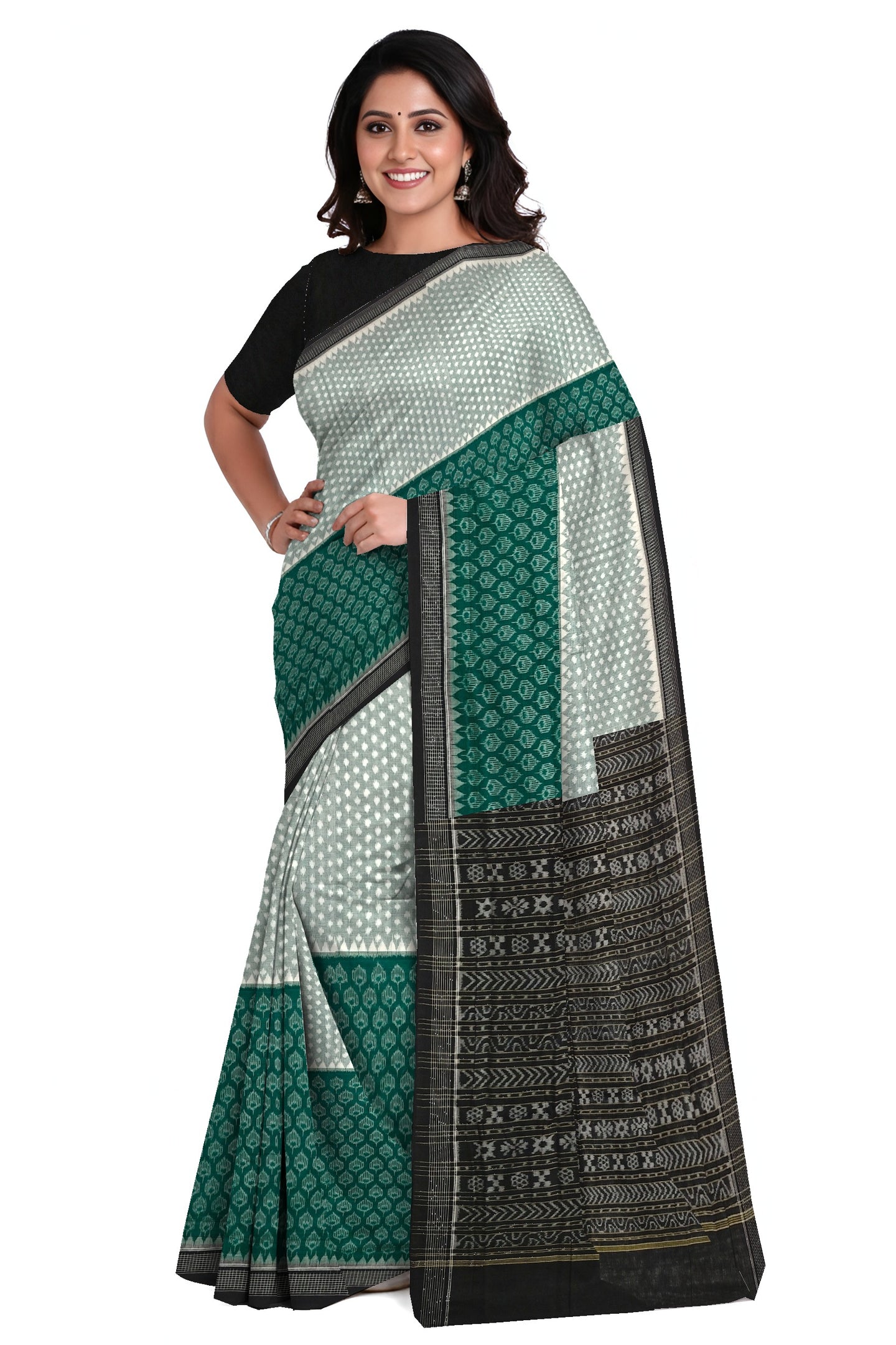 Green White Half Half Body Bandha Saree